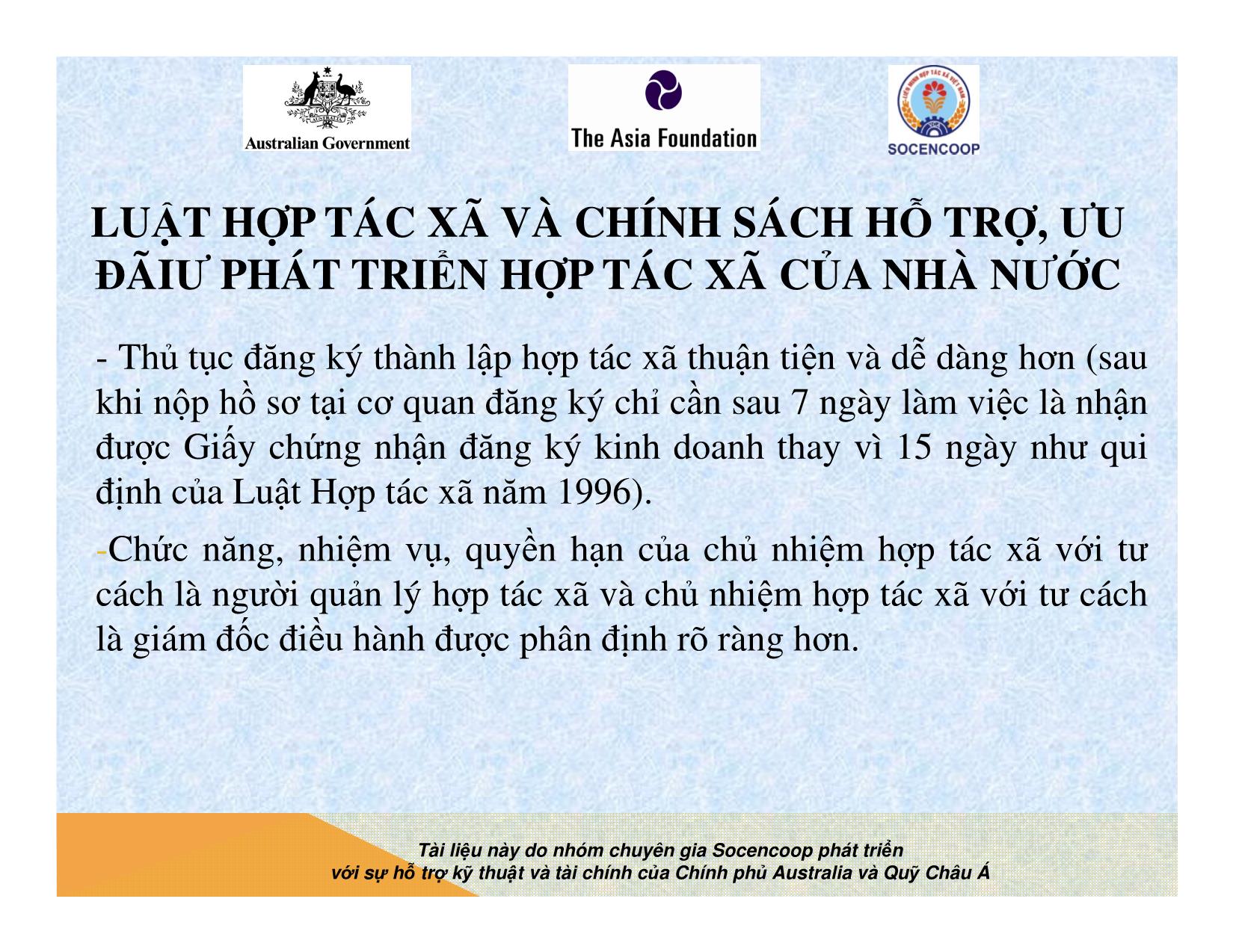 Tài liệu Cẩm nang hướng dẫn đào tạo cán bộ chủ chốt hợp tác xã - Bài 6: Luật hợp tác xã và chính sách hỗ trợ, ưu đãi phát triển hợp tác xã của nhà nước trang 8