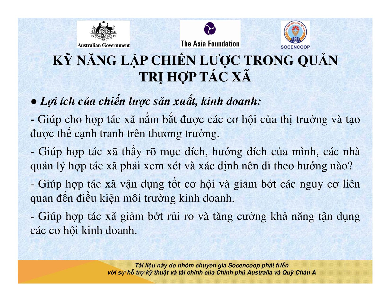 Tài liệu Cẩm nang hướng dẫn đào tạo cán bộ chủ chốt hợp tác xã - Bài 8: Kỹ năng lập chiến lược trong quản trị hợp tác xã trang 3