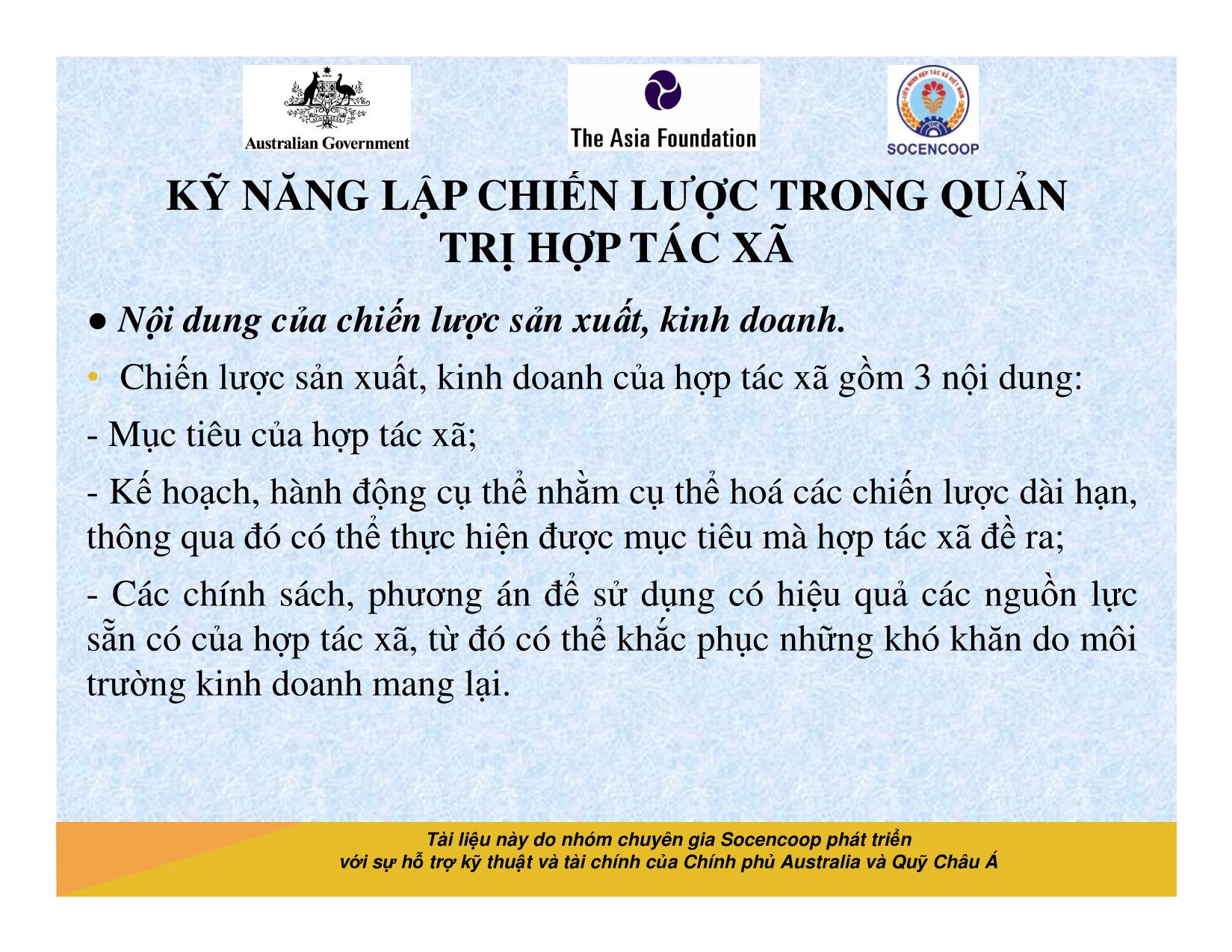 Tài liệu Cẩm nang hướng dẫn đào tạo cán bộ chủ chốt hợp tác xã - Bài 8: Kỹ năng lập chiến lược trong quản trị hợp tác xã trang 4