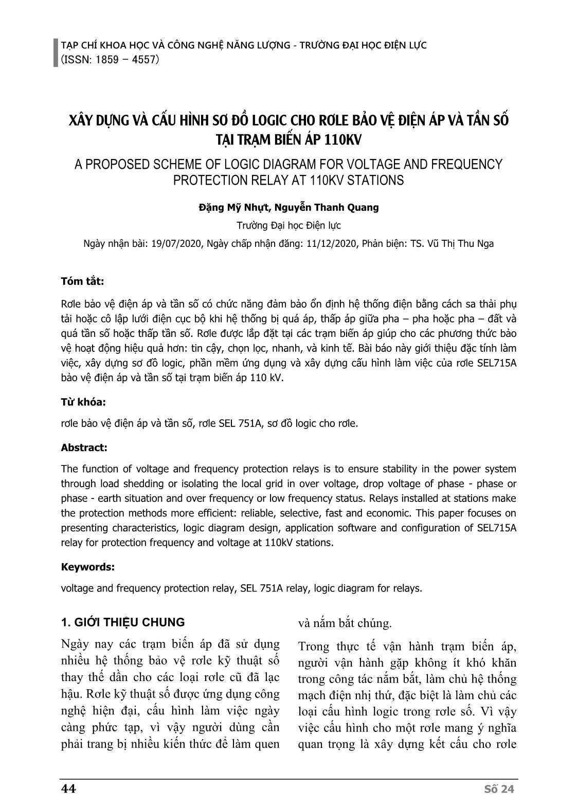 Xây dựng và cấu hình sơ đồ logic cho rơle bảo vệ điện áp và tần số tại trạm biến áp 110kV trang 1