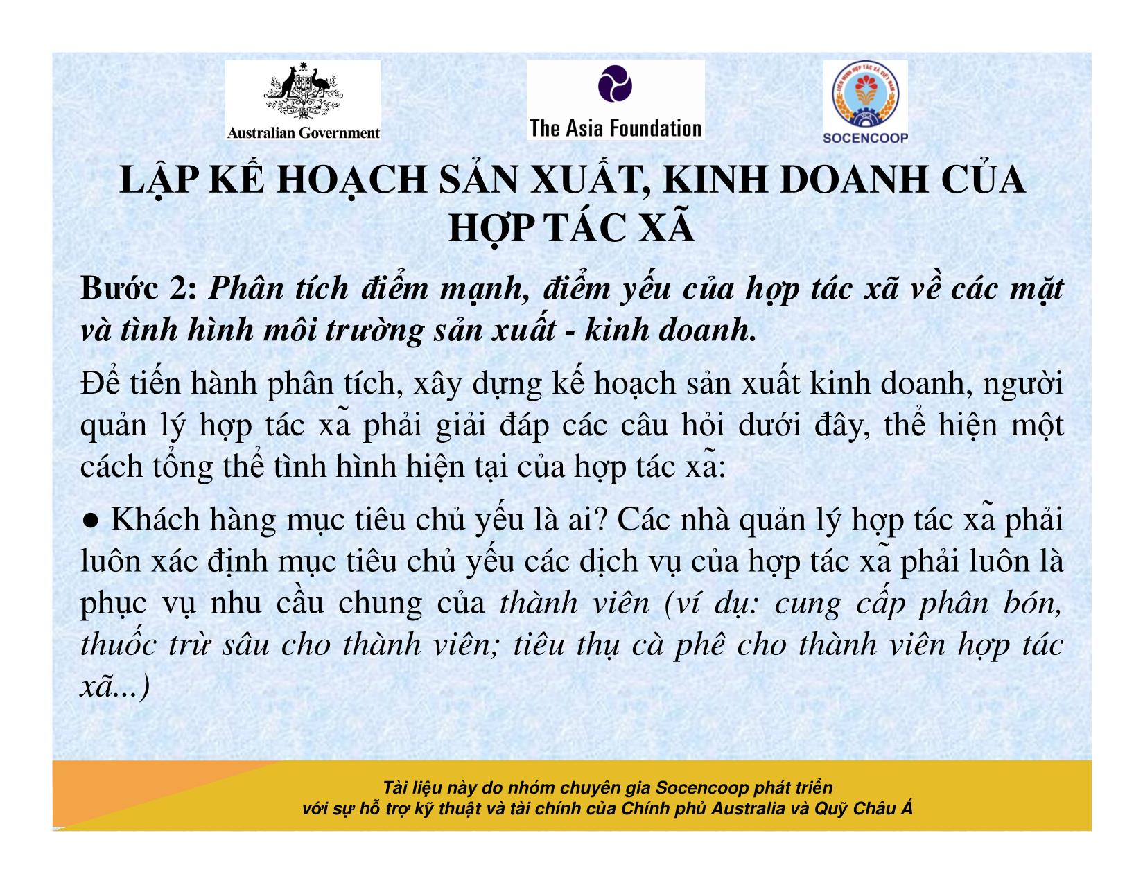 Tài liệu Cẩm nang hướng dẫn đào tạo cán bộ chủ chốt hợp tác xã - Bài 9: Lập kế hoạch sản xuất, kinh doanh của hợp tác xã trang 10