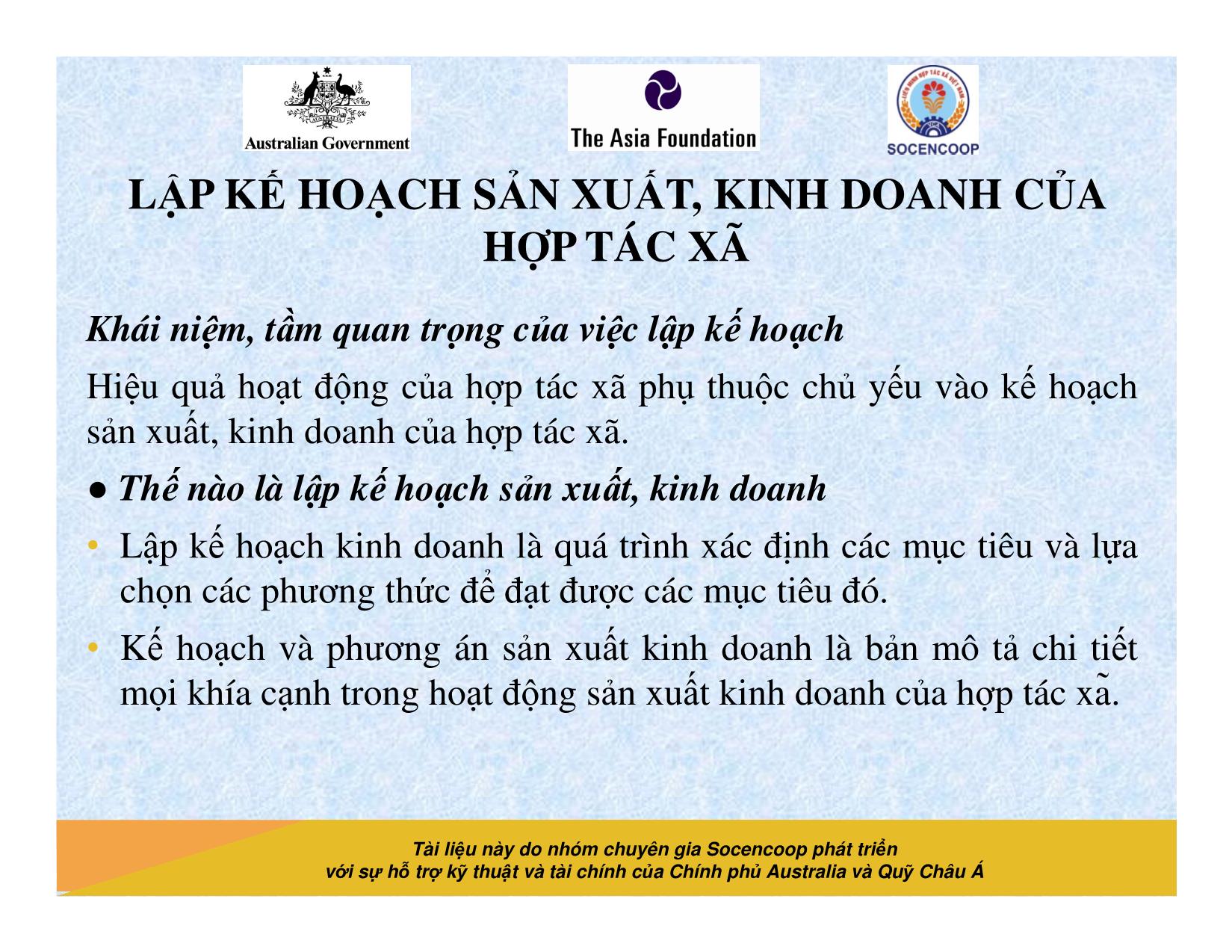 Tài liệu Cẩm nang hướng dẫn đào tạo cán bộ chủ chốt hợp tác xã - Bài 9: Lập kế hoạch sản xuất, kinh doanh của hợp tác xã trang 2