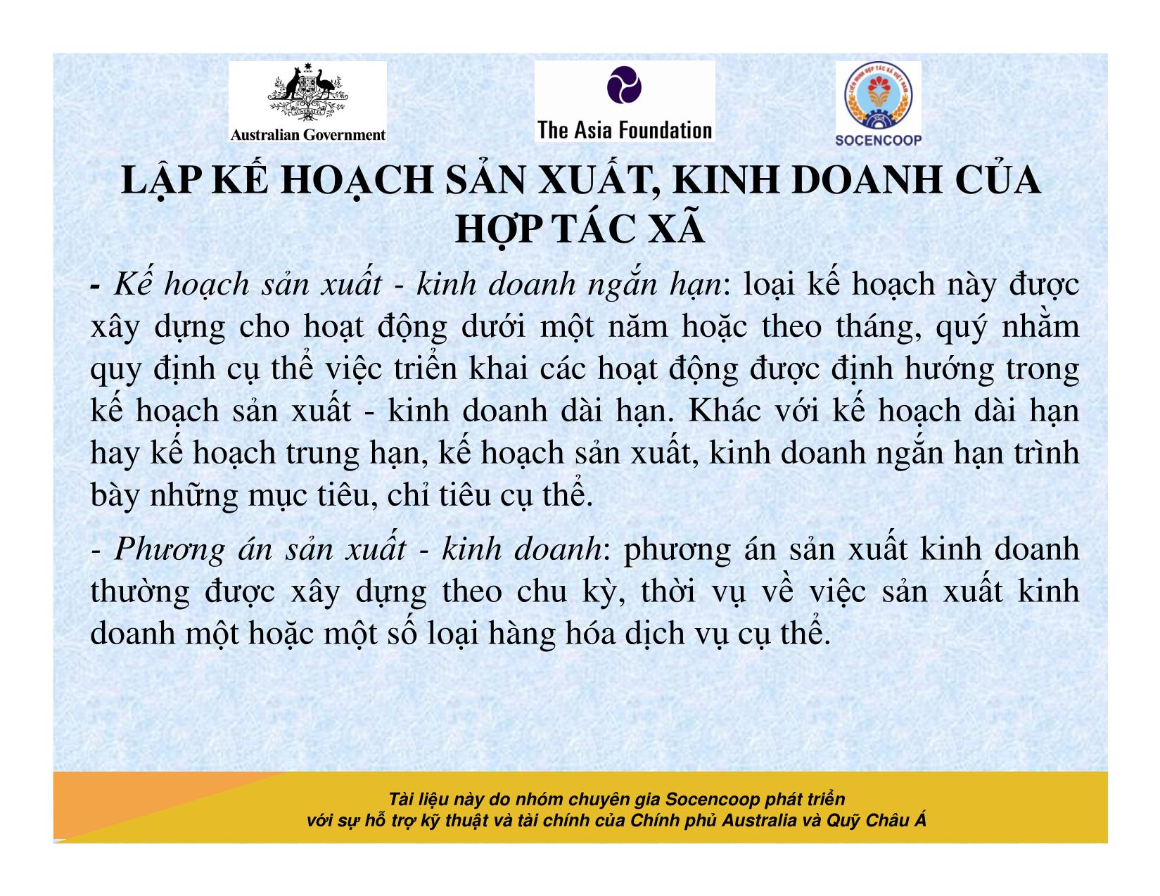 Tài liệu Cẩm nang hướng dẫn đào tạo cán bộ chủ chốt hợp tác xã - Bài 9: Lập kế hoạch sản xuất, kinh doanh của hợp tác xã trang 4