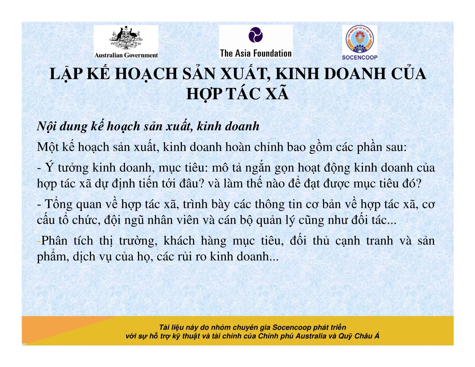 Tài liệu Cẩm nang hướng dẫn đào tạo cán bộ chủ chốt hợp tác xã - Bài 9: Lập kế hoạch sản xuất, kinh doanh của hợp tác xã trang 6