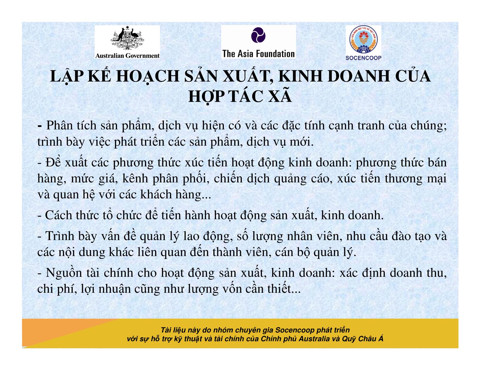 Tài liệu Cẩm nang hướng dẫn đào tạo cán bộ chủ chốt hợp tác xã - Bài 9: Lập kế hoạch sản xuất, kinh doanh của hợp tác xã trang 7