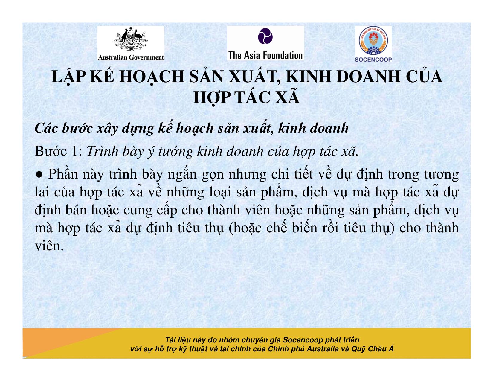 Tài liệu Cẩm nang hướng dẫn đào tạo cán bộ chủ chốt hợp tác xã - Bài 9: Lập kế hoạch sản xuất, kinh doanh của hợp tác xã trang 8