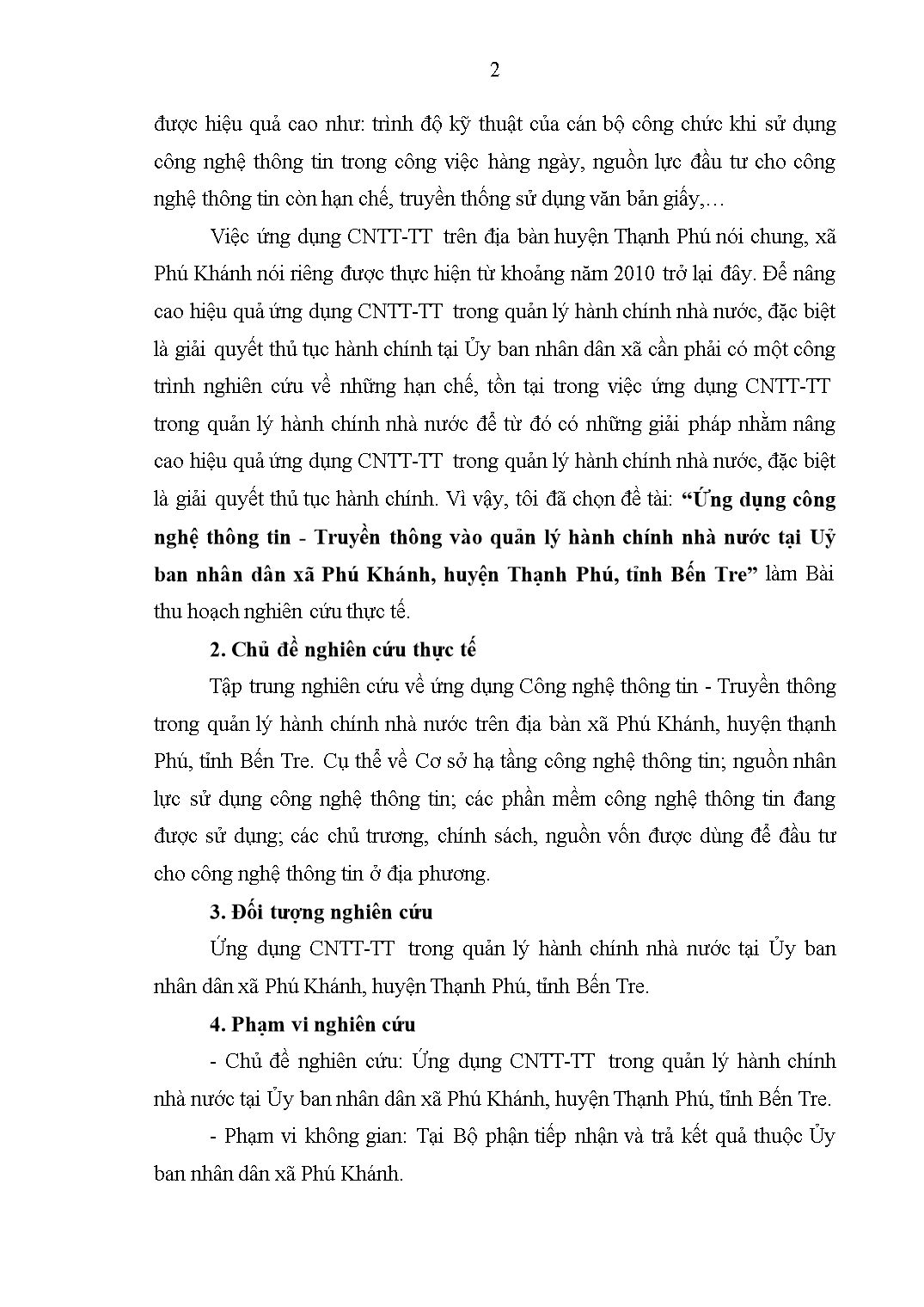 Đề tài Ứng dụng công nghệ thông tin - Truyền thông vào quản lý hành chính nhà nước tại Uỷ ban nhân dân xã Phú Khánh, huyện Thạnh Phú, tỉnh Bến Tre trang 2