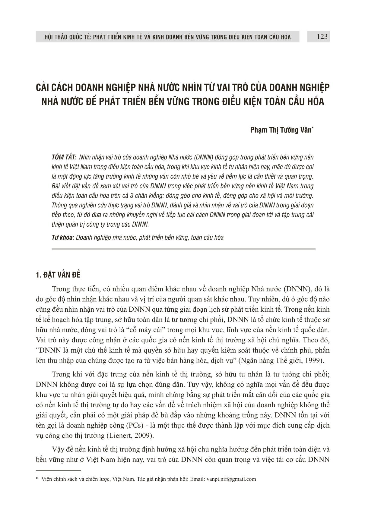 Cải cách doanh nghiệp nhà nước nhìn từ vai trò của doanh nghiệp nhà nước để phát triển bền vững trong điều kiện toàn cầu hóa trang 1