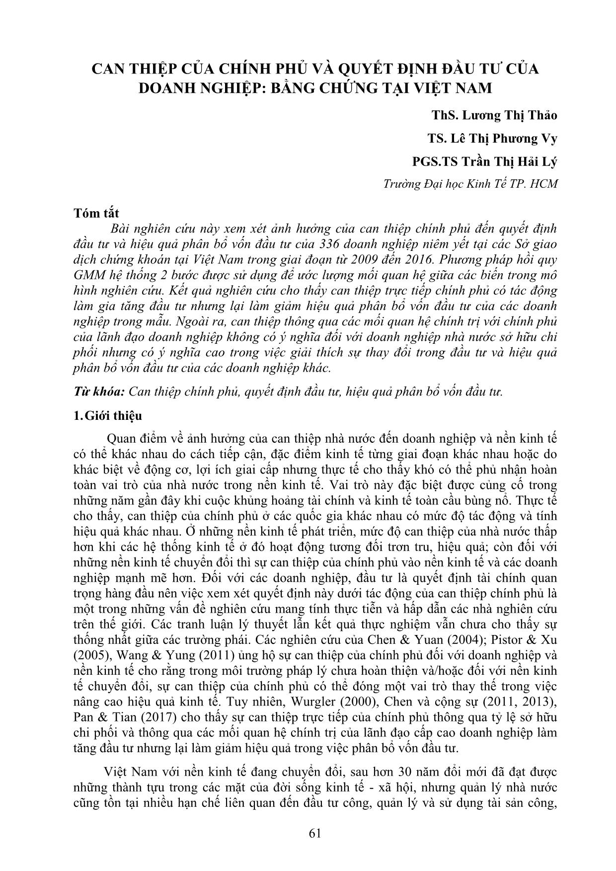 Can thiệp của chính phủ và quyết định đầu tư của doanh nghiệp: Bằng chứng tại Việt Nam trang 1