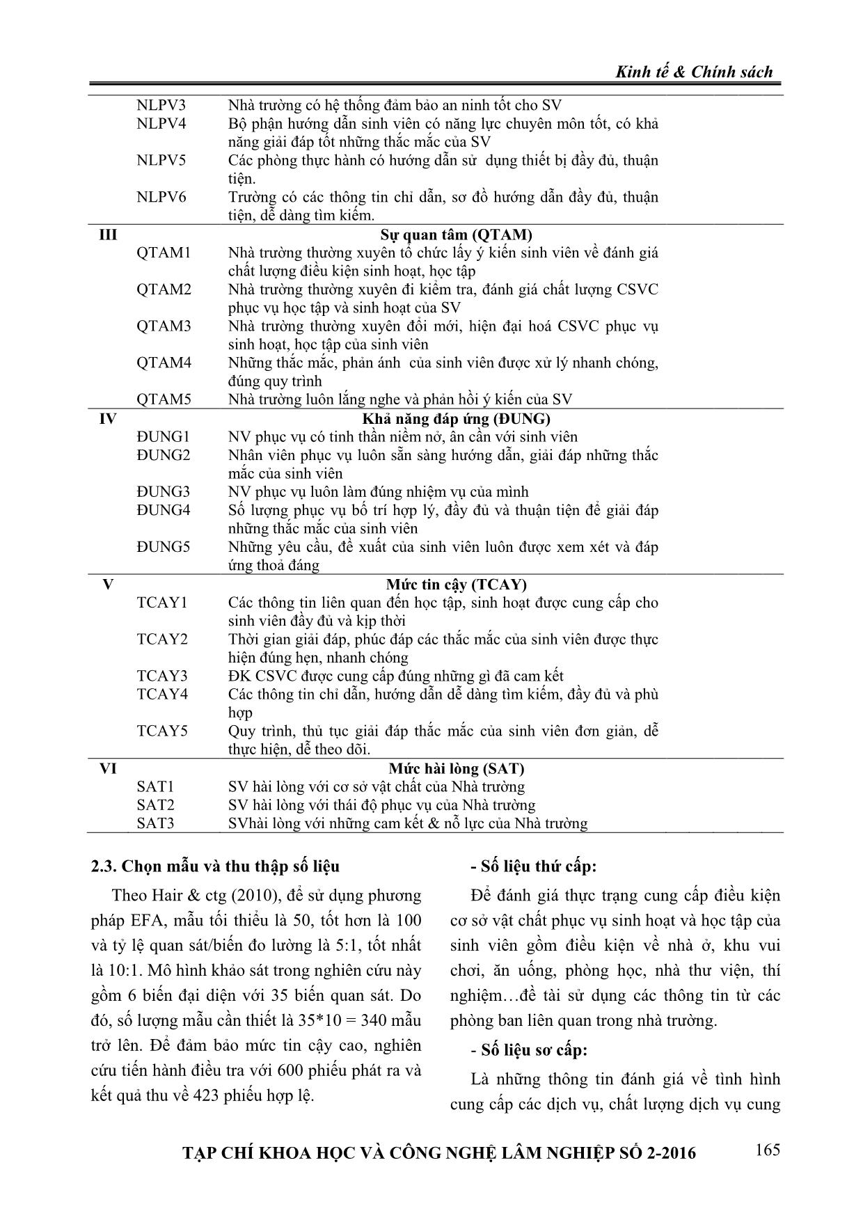 Các nhân tố ảnh hưởng đến sự hài lòng của sinh viên với điều kiện cơ sở vật chất và phục vụ của trường Đại học Lâm nghiệp trang 3