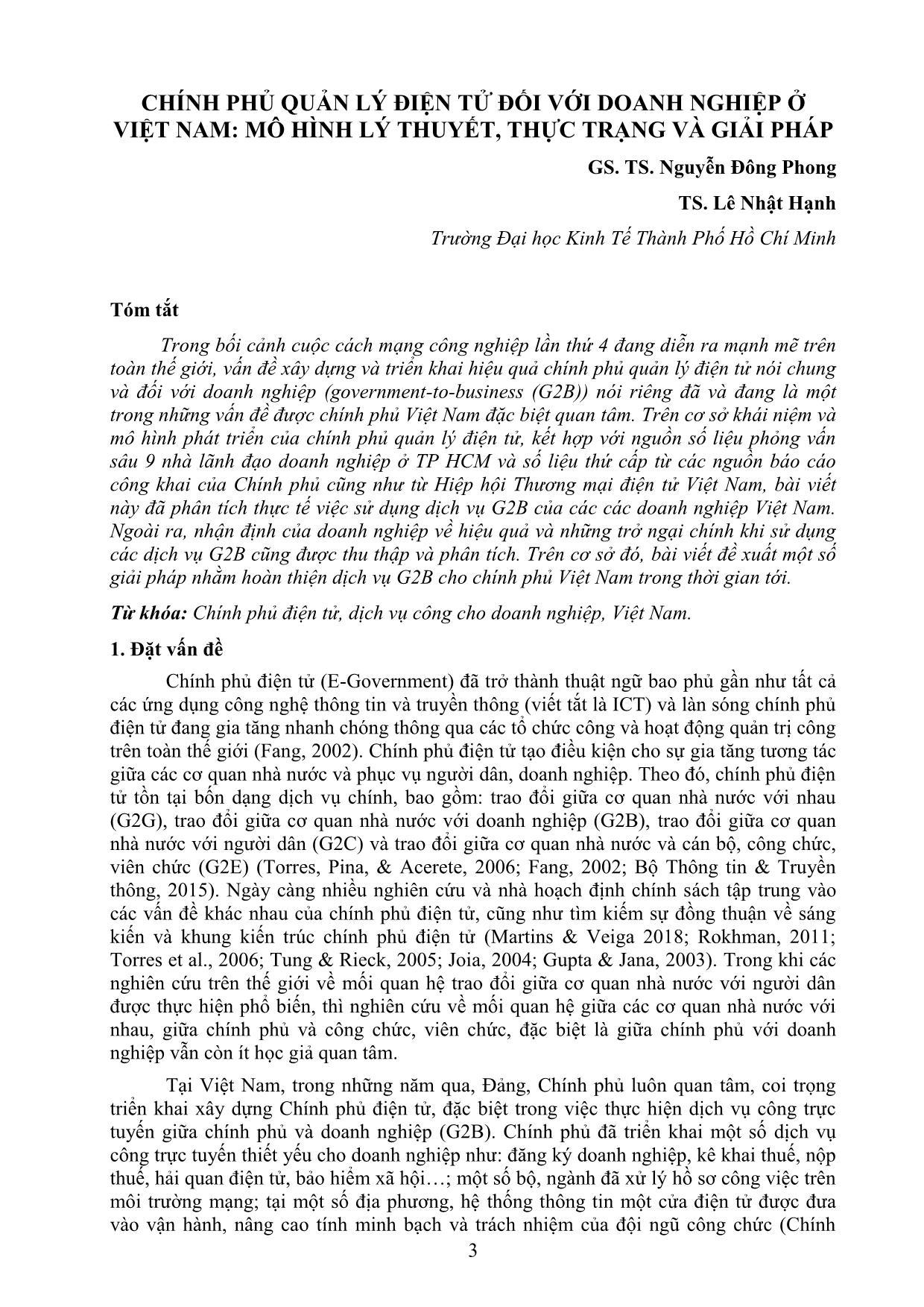Chính phủ quản lý điện tử đối với doanh nghiệp ở Việt Nam: Mô hình lý thuyết, thực trạng và giải pháp trang 1