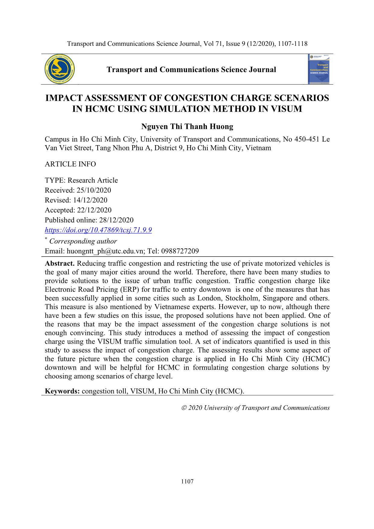 Impact assessment of congestion charge scenarios in hcmc using simulation method in visum trang 1