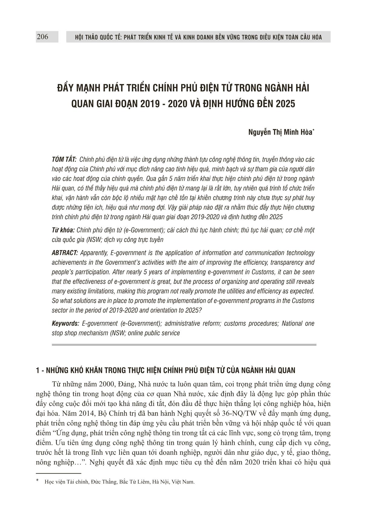 Đẩy mạnh phát triển chính phủ điện tử trong ngành hải quan giai đoạn 2019 - 2020 và định hướng đến 2025 trang 1