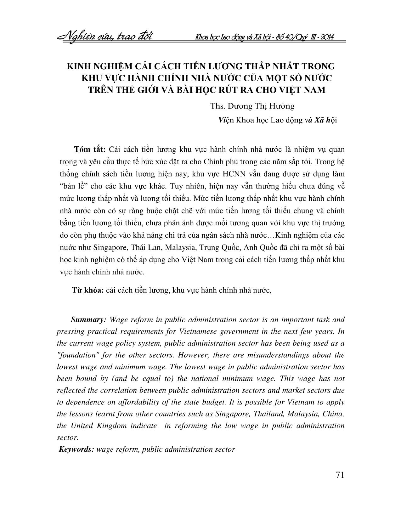 Kinh nghiệm cải cách tiền lương thấp nhất trong khu vực hành chính nhà nước của một số nước trên thế giới và bài học rút ra cho Việt Nam trang 1