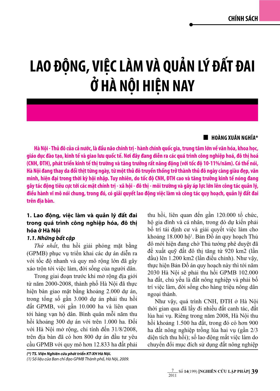 Lao động, việc làm và quản lý đất đai ở Hà Nội hiện nay trang 1