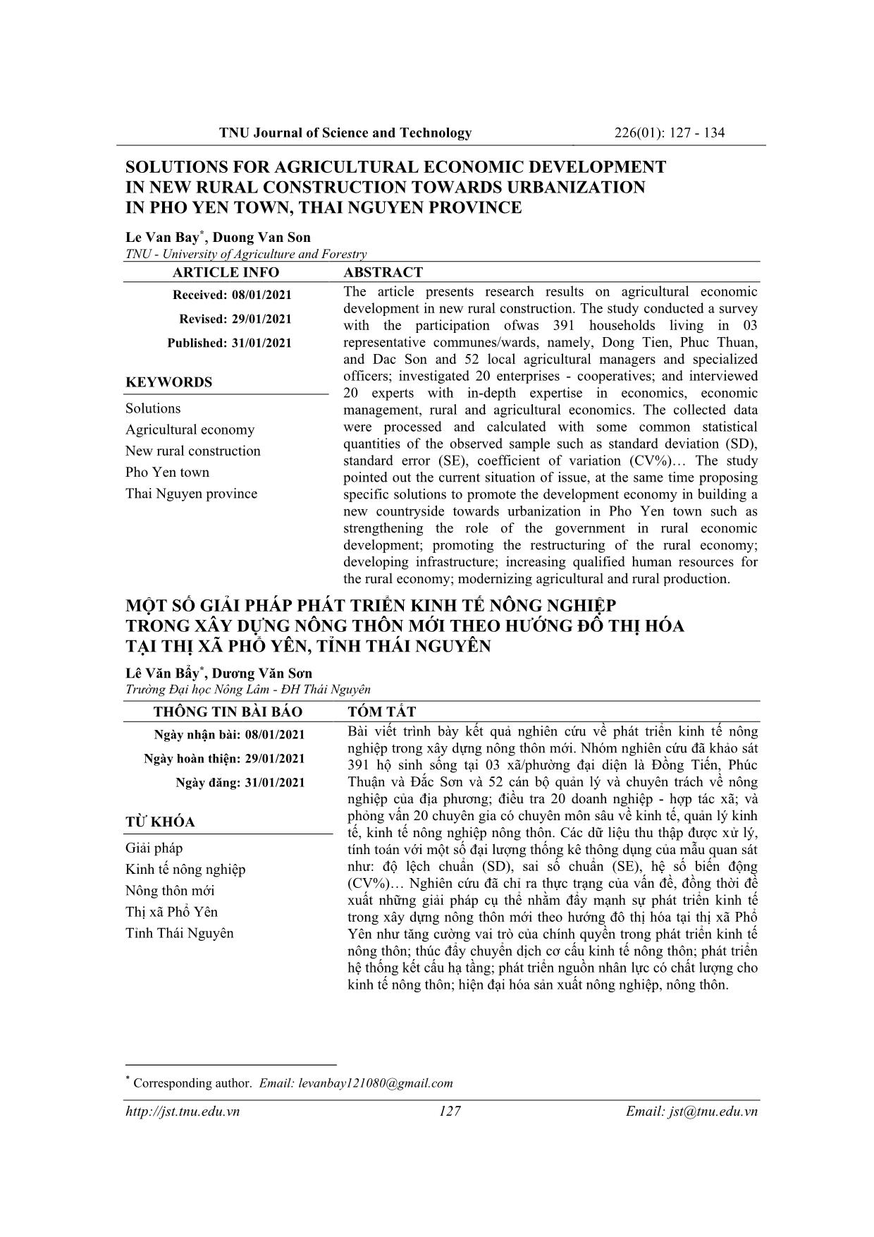 Solutions for agricultural economic development in new rural construction towards urbanization in Pho Yen town, Thai Nguyen province trang 1