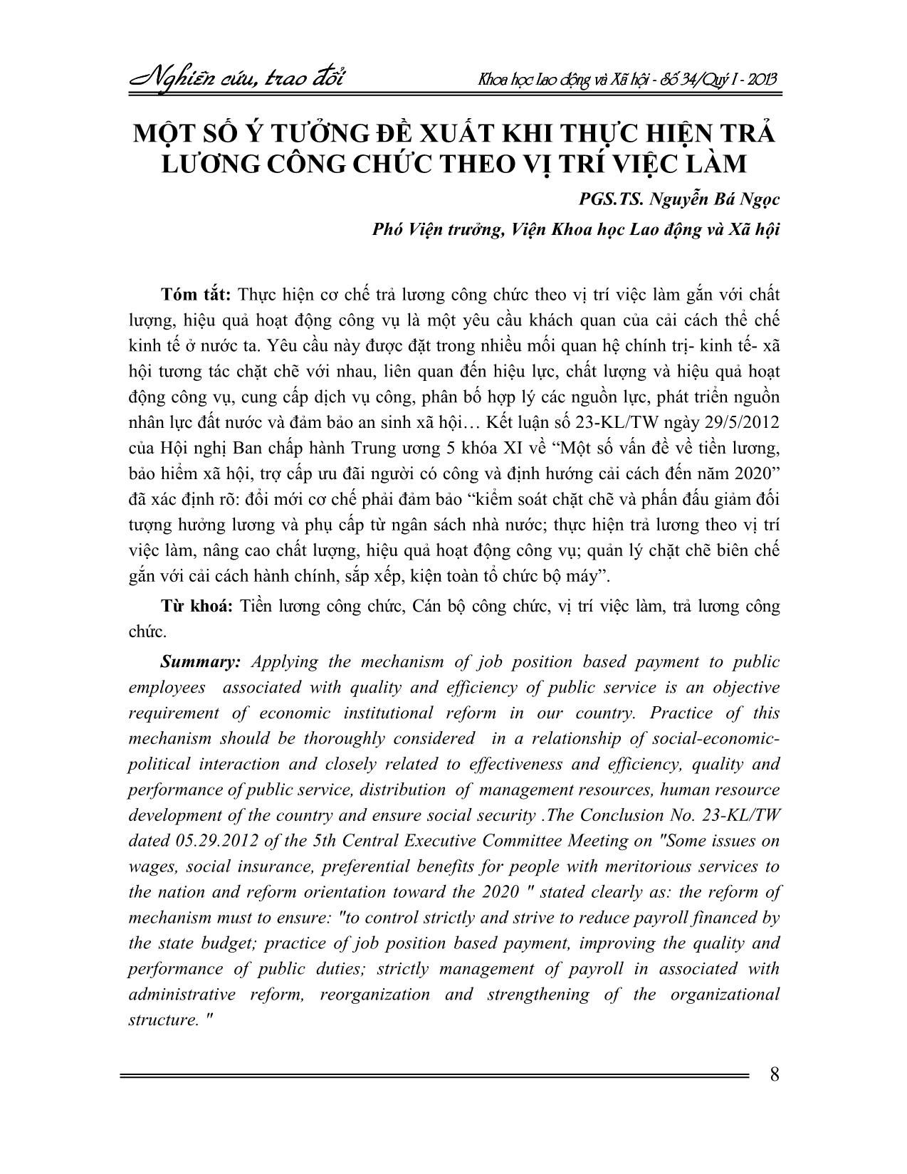 Một số ý tưởng đề xuất khi thực hiện trả lương công chức theo vị trí việc làm trang 1