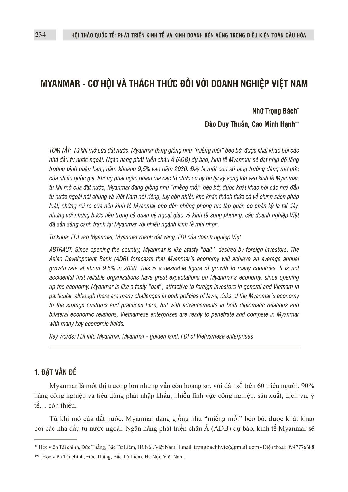 Myanmar - Cơ hội và thách thức đối với doanh nghiệp Việt Nam trang 1