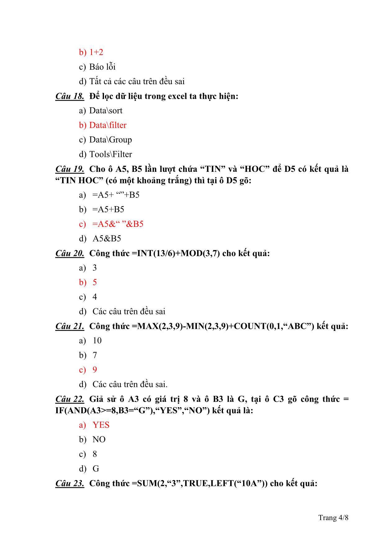 Ôn tập môn Công chức thuế - MS Excel trang 4