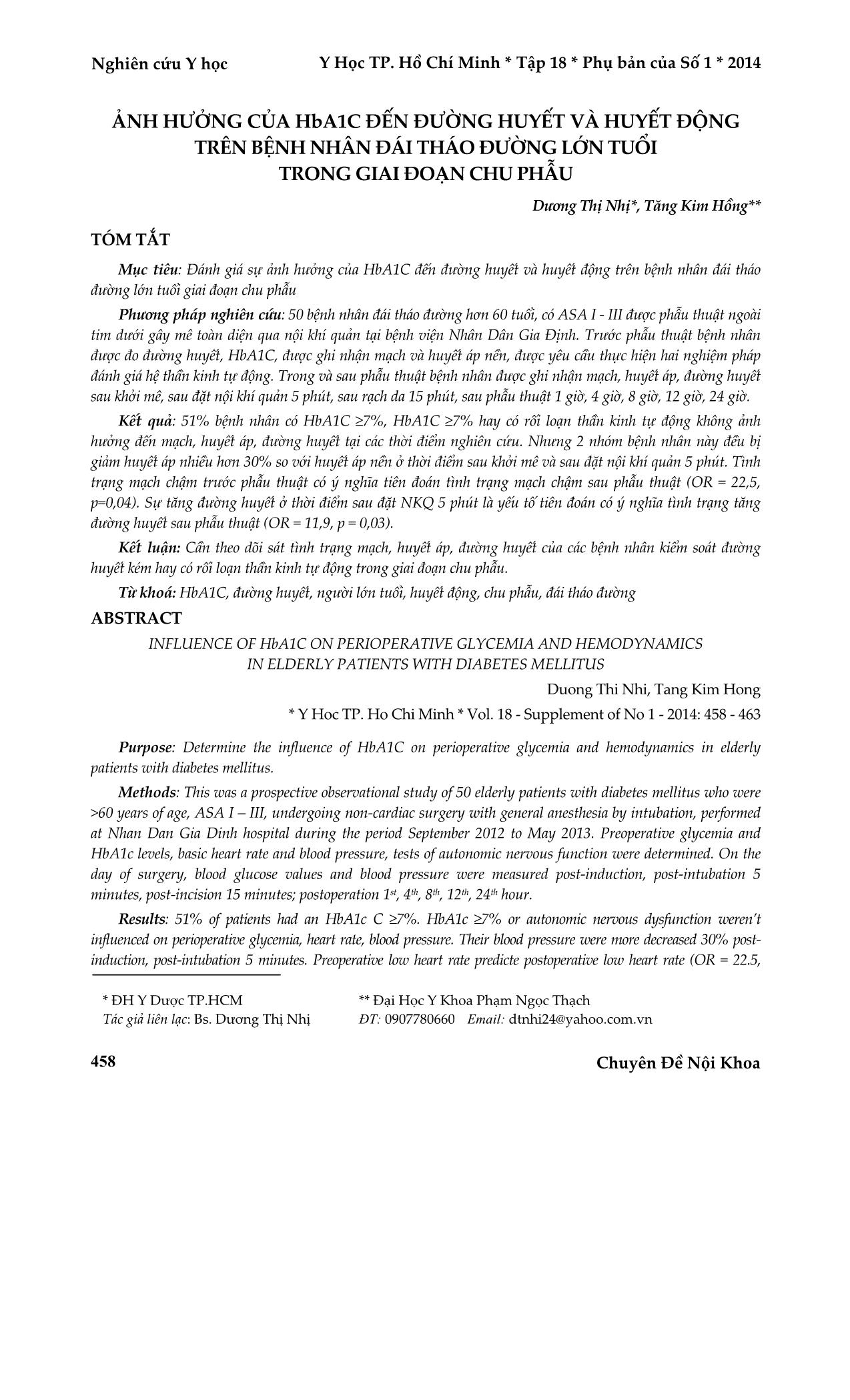 Ảnh hưởng của HbA1C đến đường huyết và huyết động trên bệnh nhân đái tháo đường lớn tuổi trong giai đoạn chu phẫu trang 1