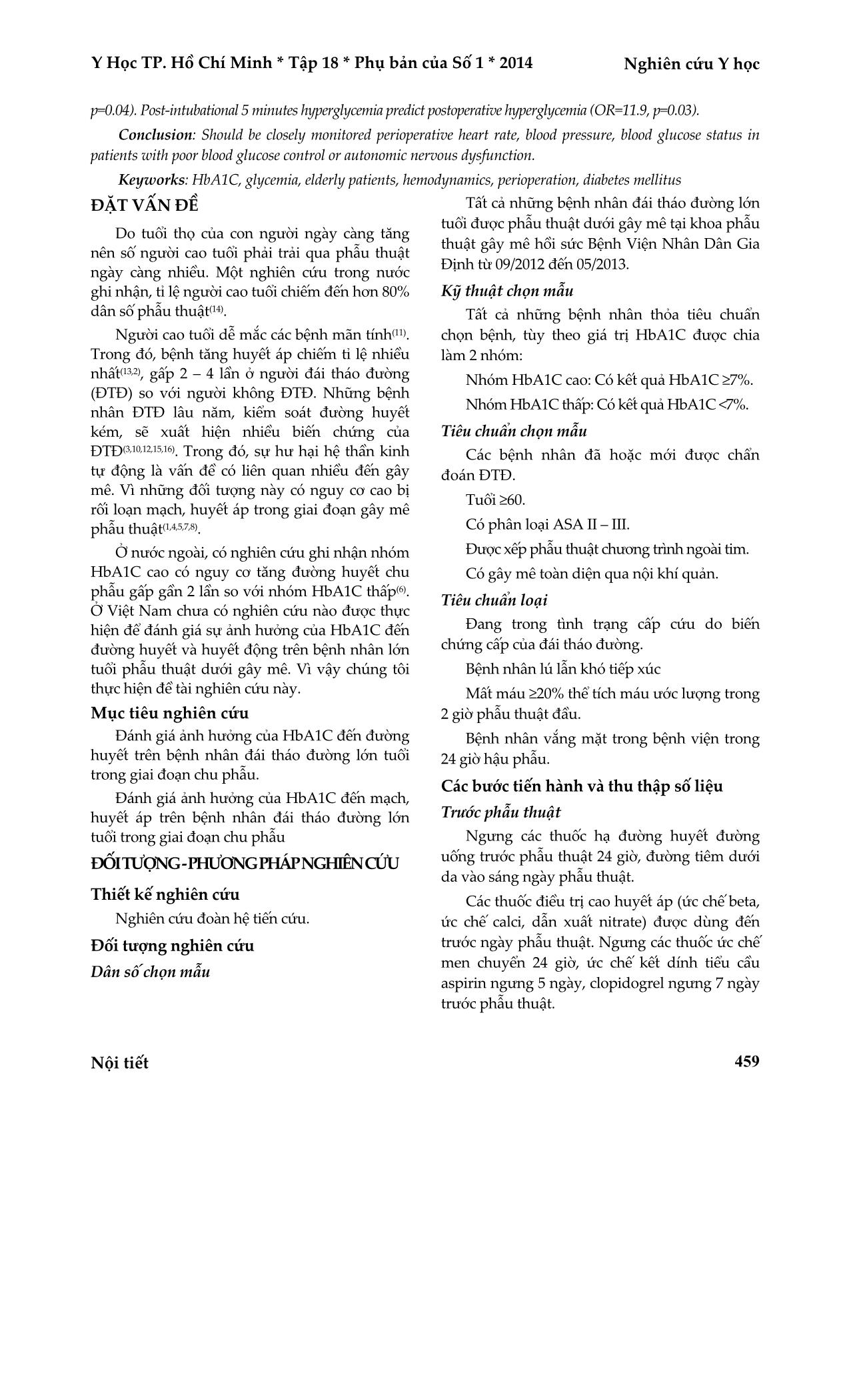 Ảnh hưởng của HbA1C đến đường huyết và huyết động trên bệnh nhân đái tháo đường lớn tuổi trong giai đoạn chu phẫu trang 2