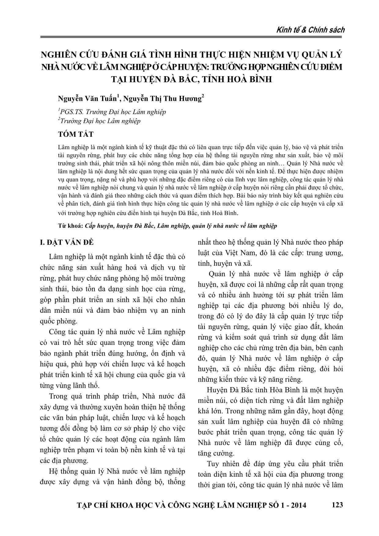Nghiên cứu đánh giá tình hình thực hiện nhiệm vụ quản lý nhà nước về lâm nghiệp ở cấp huyện:trưởng hợp nghiên cứu điểm tại huyện Đà Bắc, tỉnh Hoà Bình trang 1