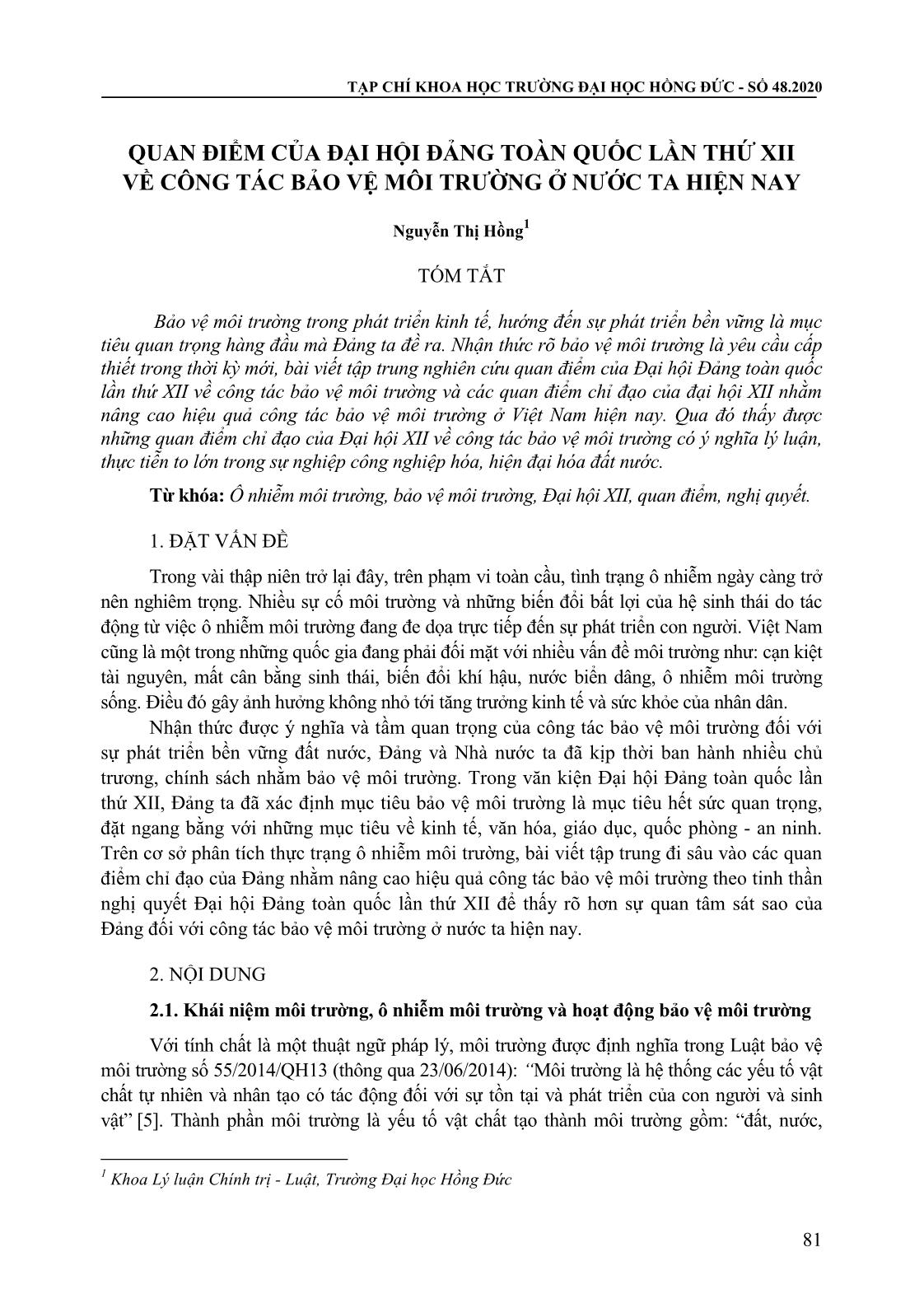 Quan điểm của đại hội đảng toàn quốc lần thứ XII về công tác bảo vệ môi trường ở nước ta hiện nay trang 1