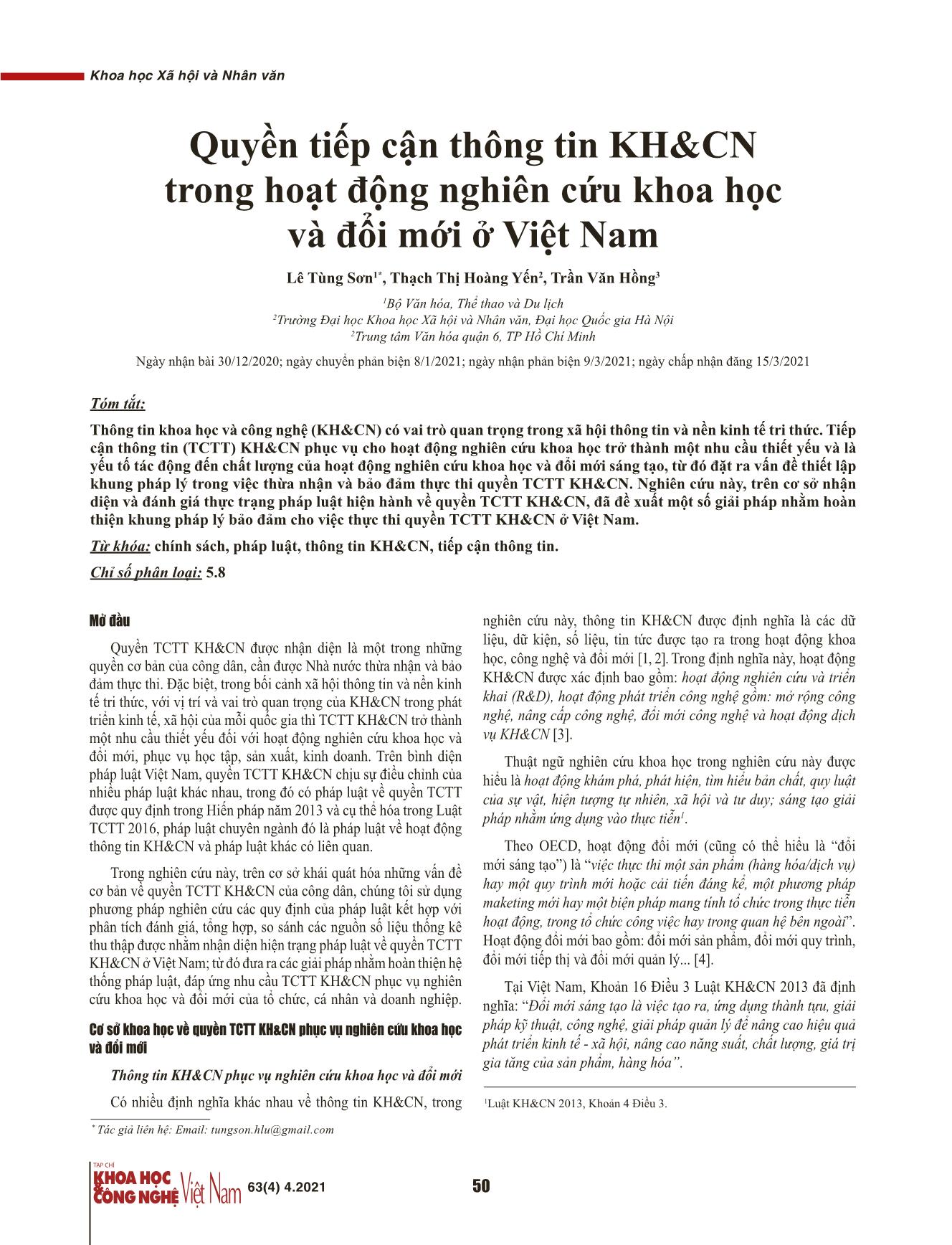 Quyền tiếp cận thông tin khoa học công nghệ trong hoạt động nghiên cứu khoa học và đổi mới ở Việt Nam trang 1