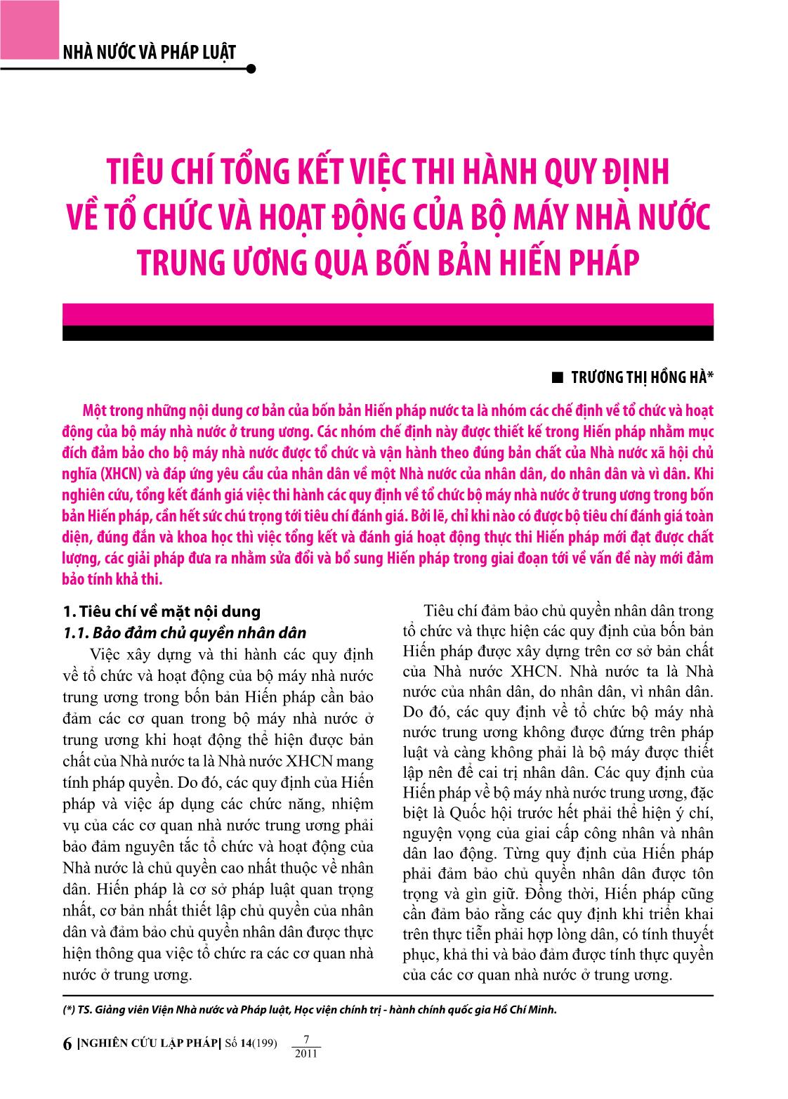 Tiêu chí tổng kết việc thi hành quy định về tổ chức và hoạt động của bộ máy nhà nước trung ương qua bốn bản hiến pháp trang 1