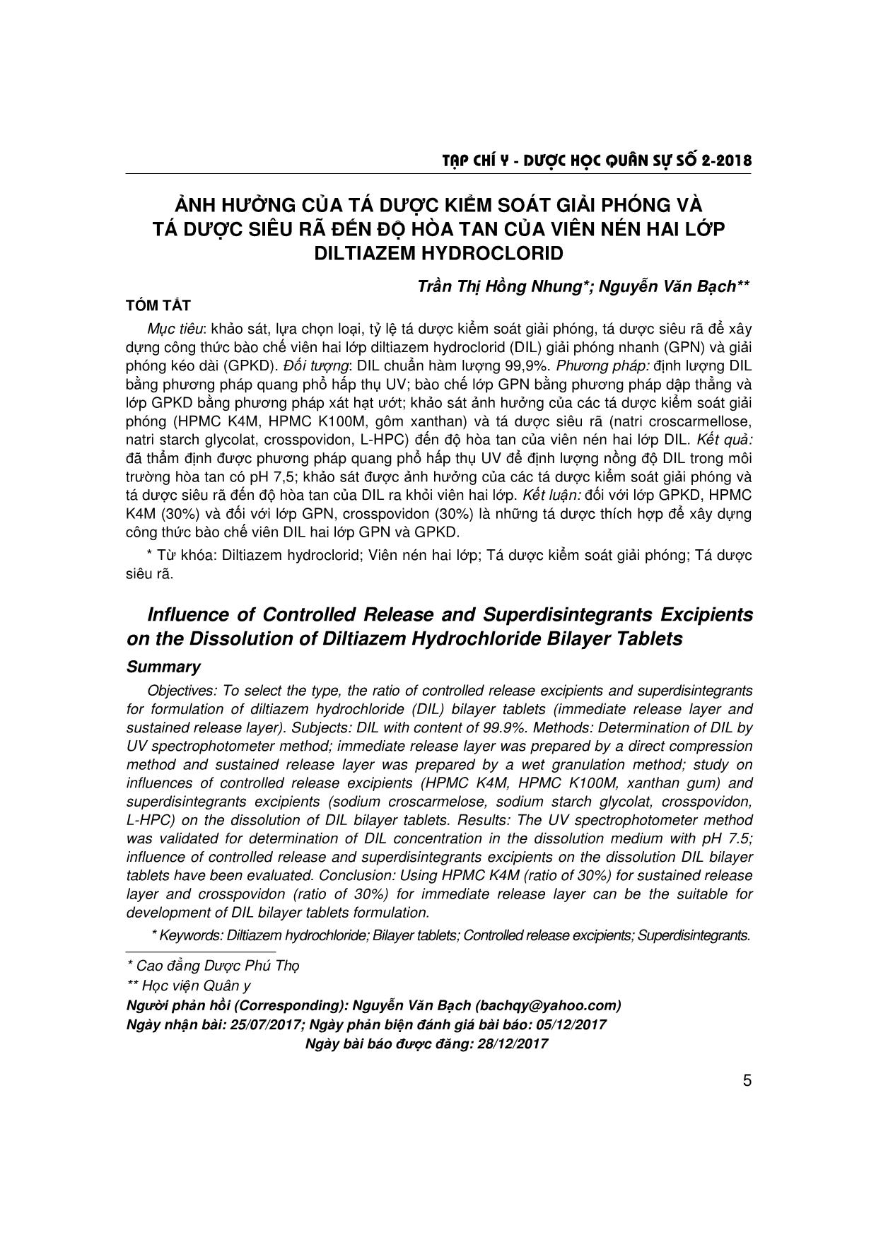 Ảnh hưởng của tá dược kiểm soát giải phóng và tá dược siêu rã đến độ hòa tan của viên nén hai lớp Diltiazem Hydroclorid trang 1