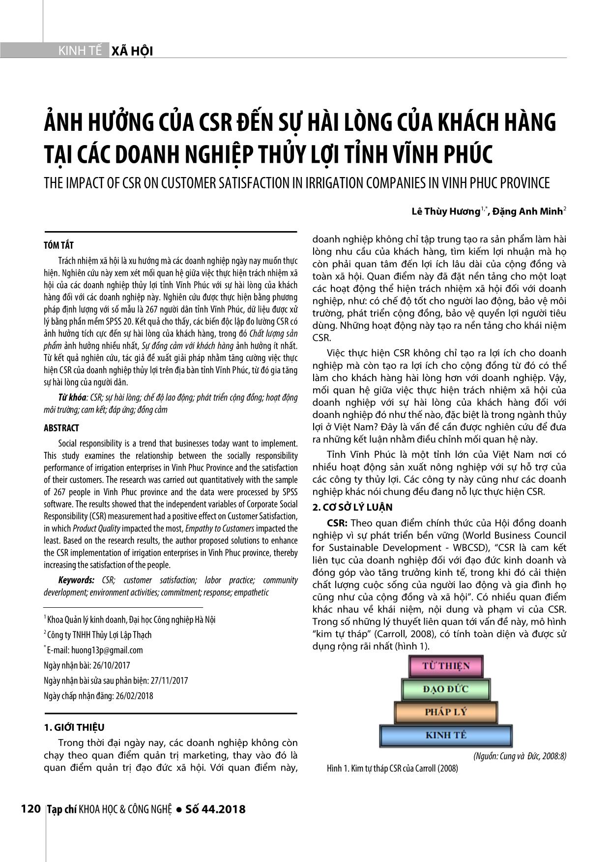 Ảnh hưởng của CSR đến sự hài lòng của khách hàng tại các doanh nghiệp thủy lợi tỉnh Vĩnh Phúc trang 1