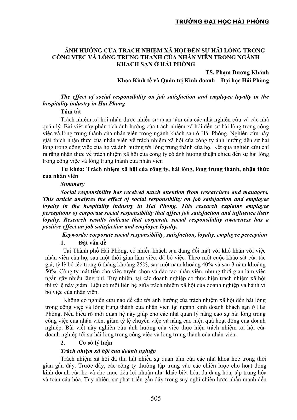 Ảnh hưởng của trách nhiệm xã hội đến sự hải lòng trong công việc và lòng trung thành của nhân viên trong ngành khách sạn ở Hải Phòng trang 1