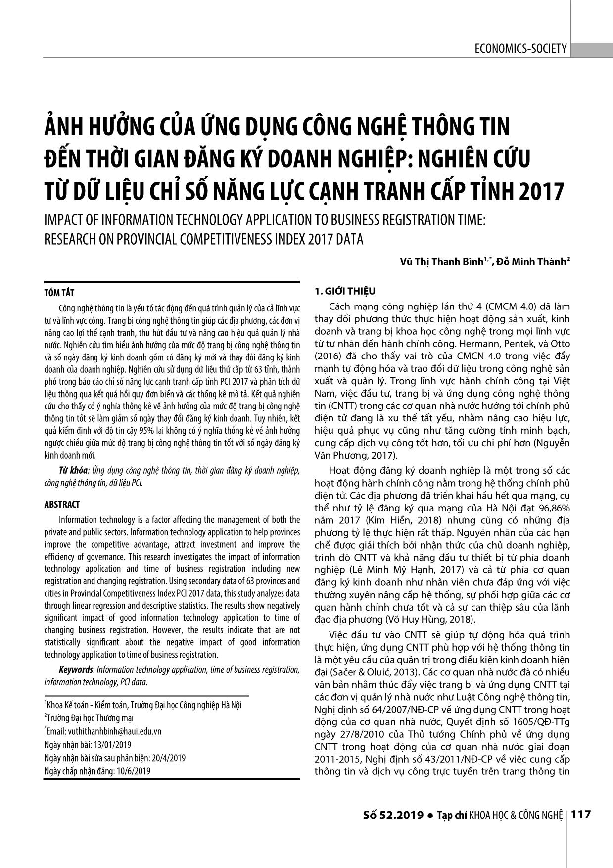 Ảnh hưởng của ứng dụng công nghệ thông tin đến thời gian đăng ký doanh nghiệp: Nghiên cứu từ dữ liệu chỉ số năng lực cạnh tranh cấp tỉnh 2017 trang 1