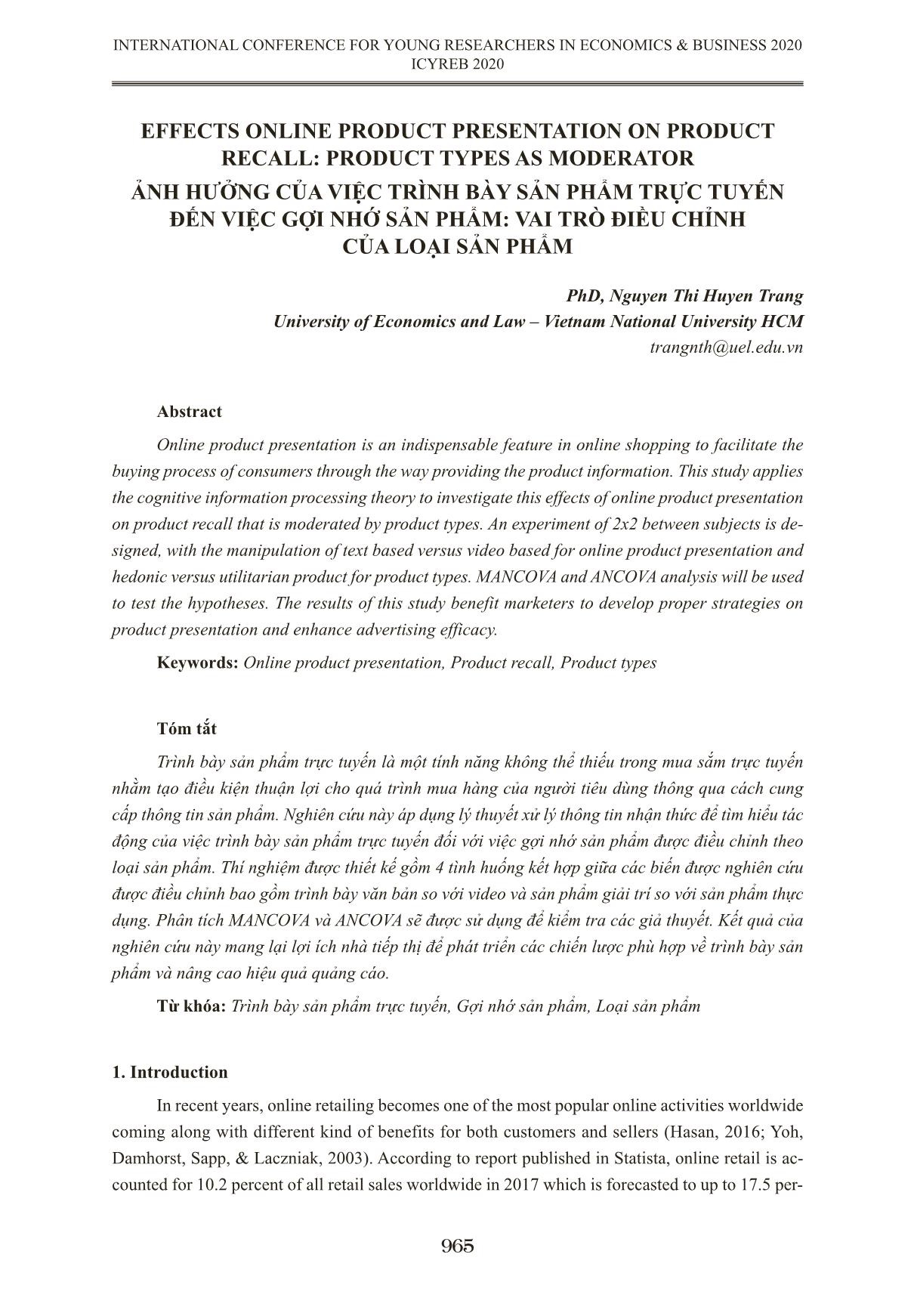 Ảnh hưởng của việc trình bày sản phẩm trực tuyến đến việc gợi nhớ sản phẩm: Vai trò điều chỉnh của loại sản phẩm trang 1