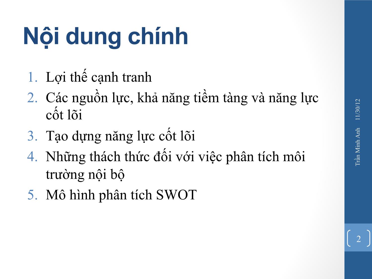 Bài giảng Quản trị chiến lược - Chương 3: Phân tích môi trường nội bộ - Trần Minh Anh trang 2