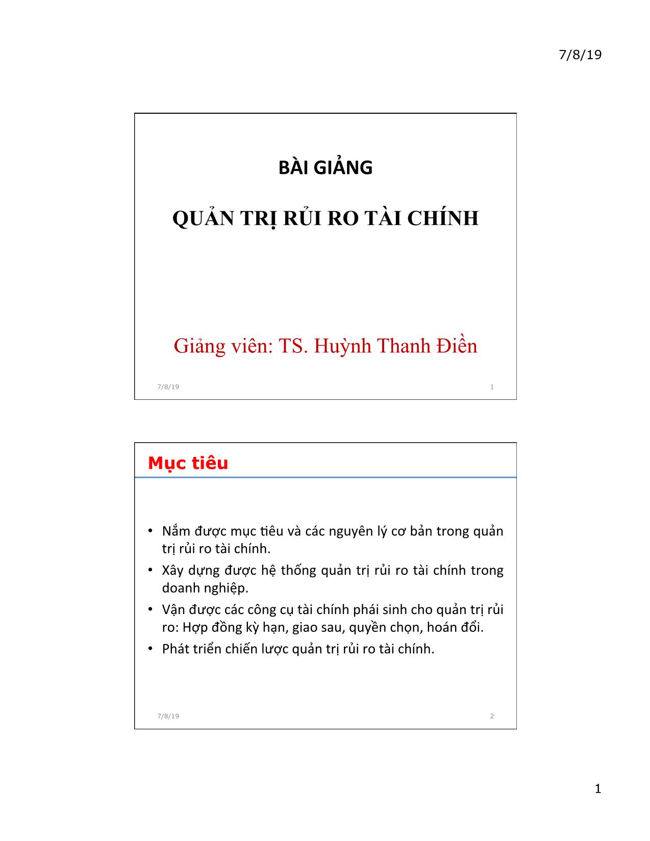 Bài giảng Quản trị rủi ro tài chính - Huỳnh Thanh Điền trang 1