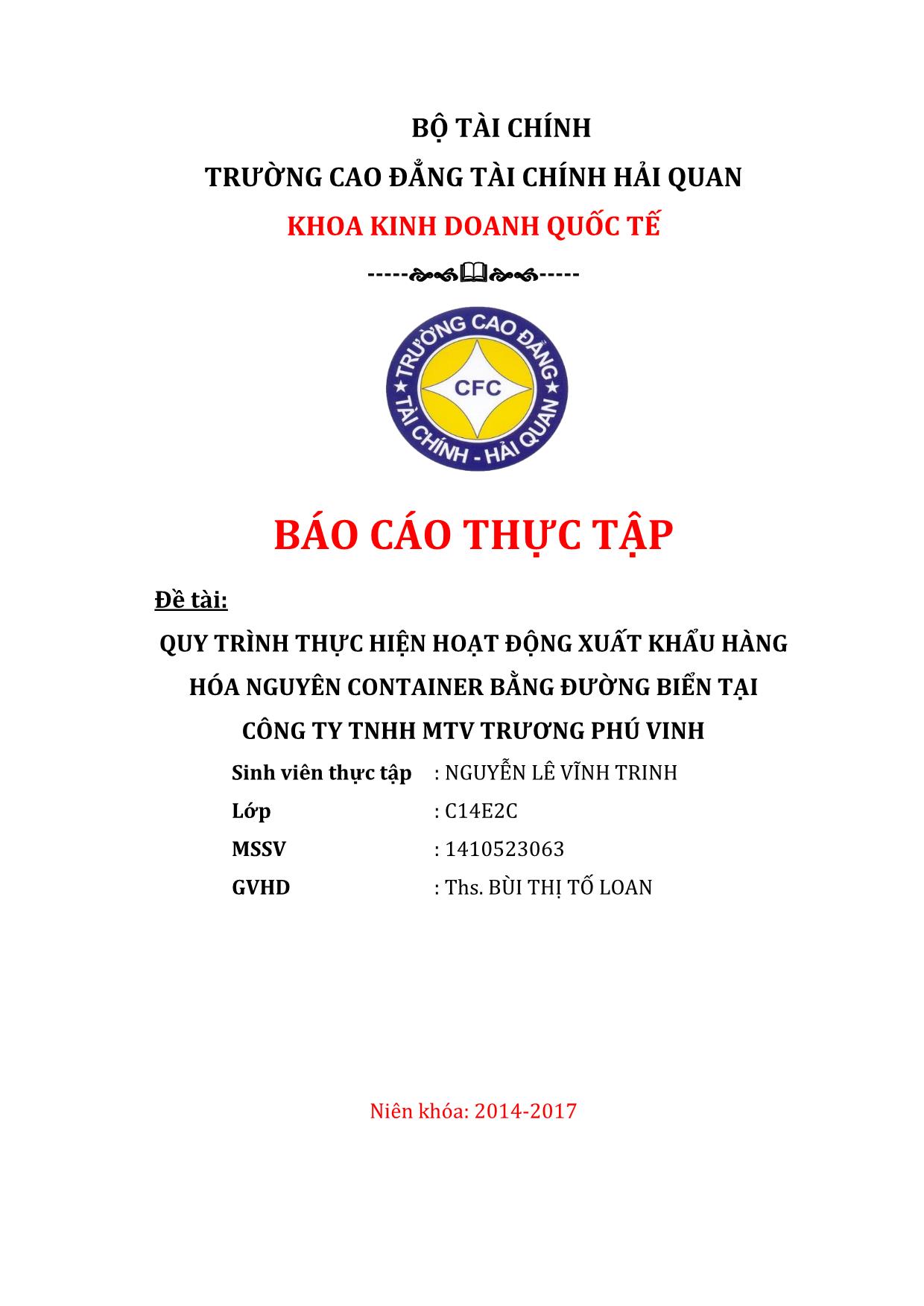 Đề tài Quy trình thực hiện hoạt động xuất khẩu hàng hóa nguyên container bằng đường biển tại công ty TNHH MTV Trương Phú Vinh trang 1