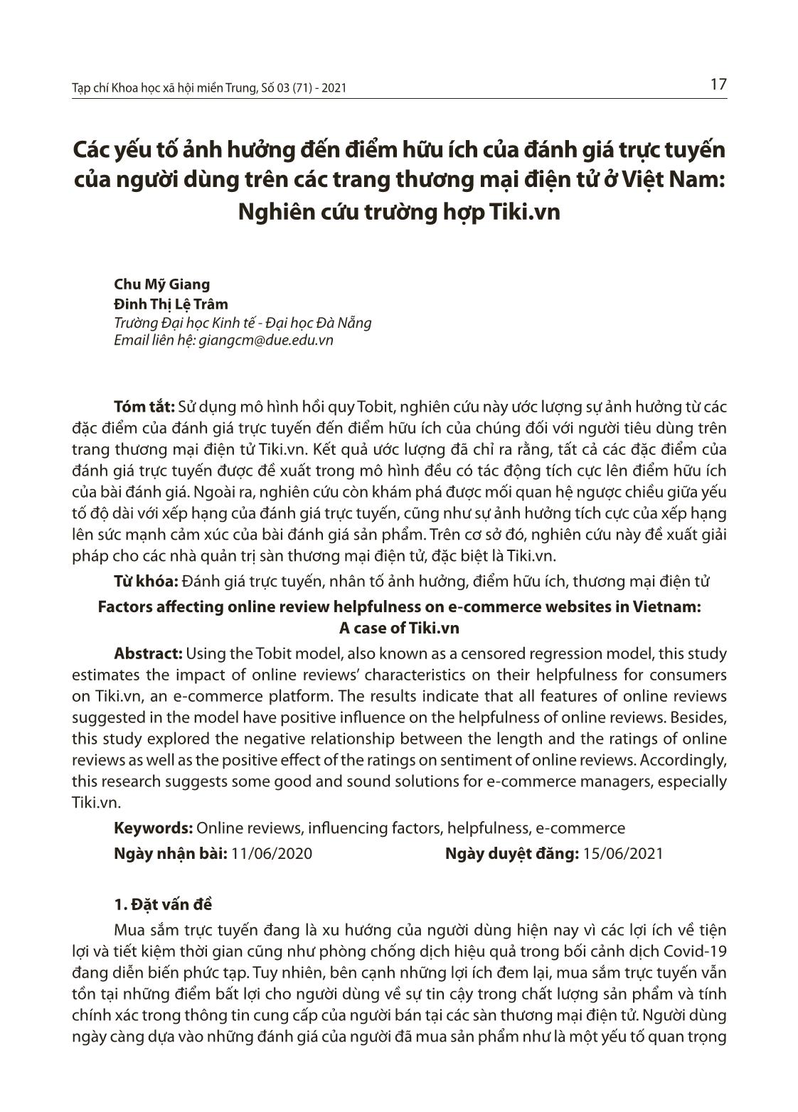 Các yếu tố ảnh hưởng đến điểm hữu ích của đánh giá trực tuyến của người dùng trên các trang thương mại điện tử ở Việt Nam: Nghiên cứu trường hợp Tiki.vn trang 1