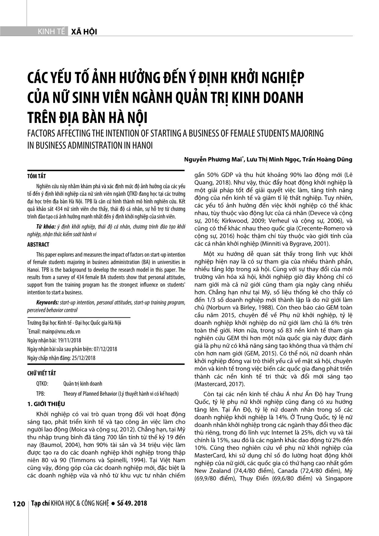 Các yếu tố ảnh hưởng đến ý định khởi nghiệp của nữ sinh viên ngành quản trị kinh doanh trên địa bàn Hà Nội trang 1