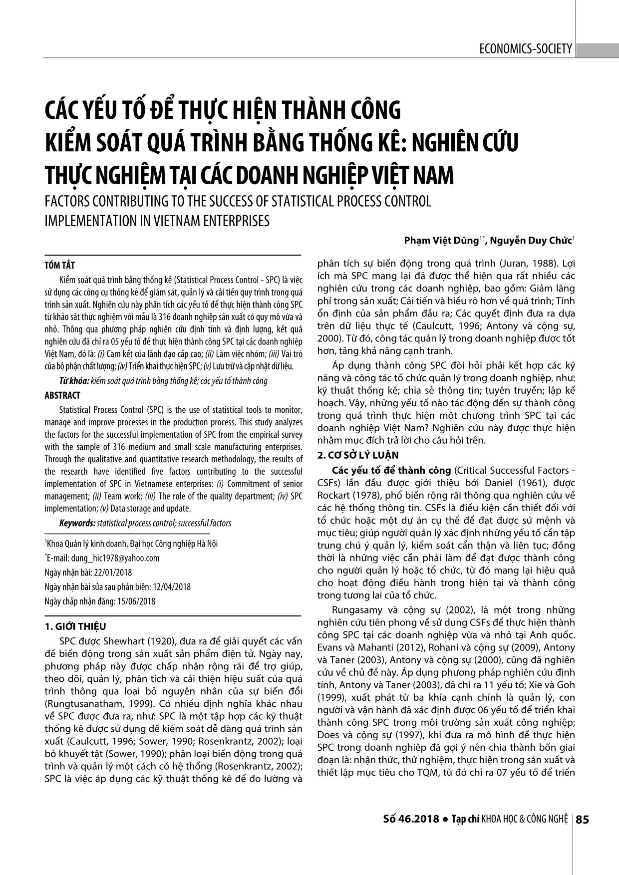 Các yếu tố để thực hiện thành công kiểm soát quá trình bằng thống kê: Nghiên cứu thực nghiệm tại các doanh nghiệp Việt Nam trang 1