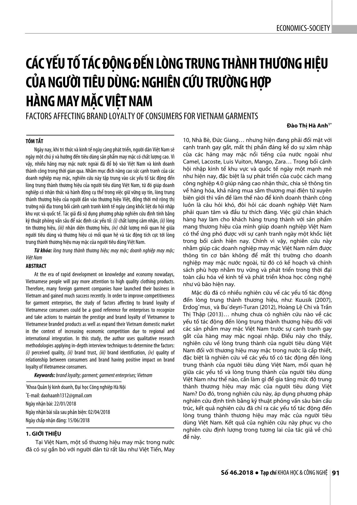 Các yếu tố tác động đến lòng trung thành thương hiệu của người tiêu dùng: Nghiên cứu trường hợp hàng may mặc Việt Nam trang 1