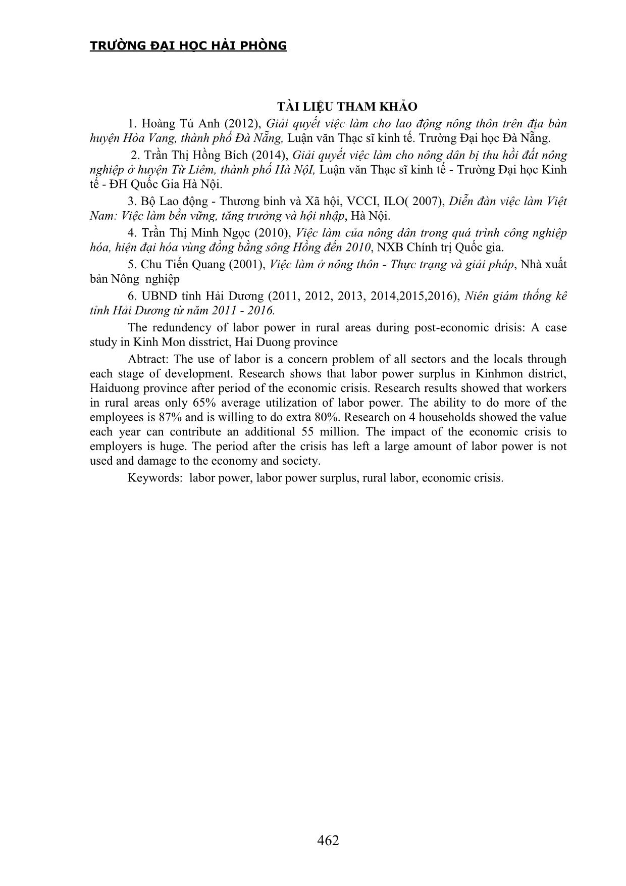 Dư thừa sức lao động ở nông thôn trong thời kỳ hậu khủng hoảng kinh tế: Nghiên cứu điểm ở huyện Kinh Môn, tỉnh Hải Dương trang 9