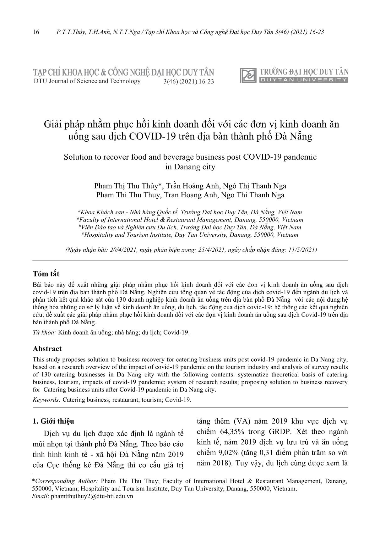 Giải pháp nhằm phục hồi kinh doanh đối với các đơn vị kinh doanh ăn uống sau dịch COVID-19 trên địa bàn thành phố Đà Nẵng trang 1