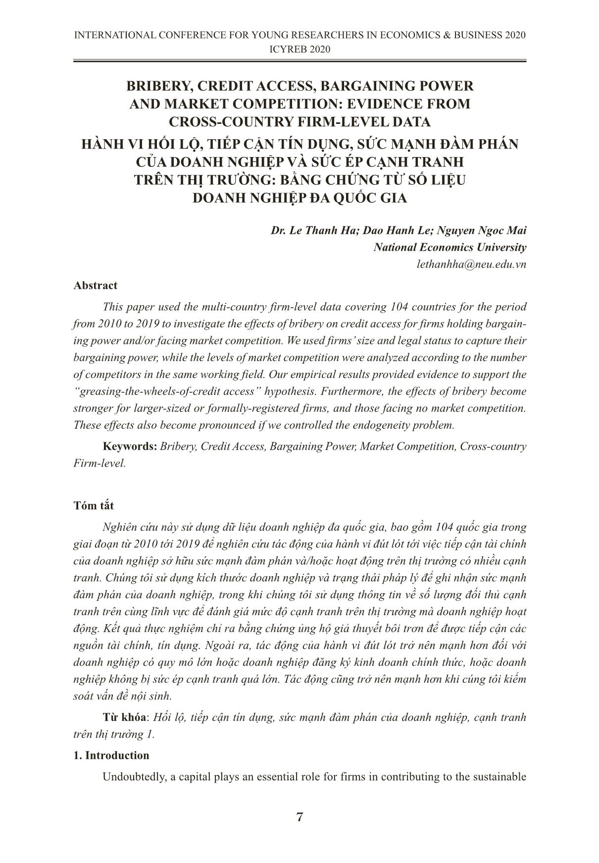 Hành vi hối lộ, tiếp cận tín dụng, sức mạnh đàm phán của doanh nghiệp và sức ép cạnh tranh trên thị trường: bằng chứng từ số liệu doanh nghiệp đa quốc gia trang 1