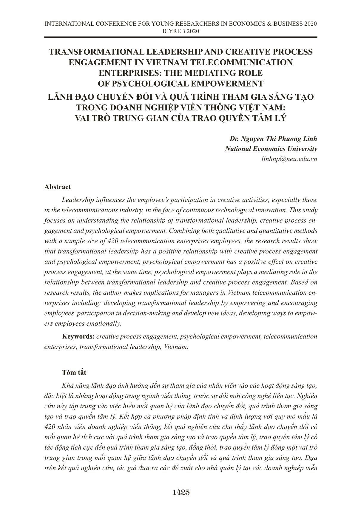 Lãnh đạo chuyển đổi và quá trình tham gia sáng tạo trong doanh nghiệp viễn thông Việt Nam: Vai trò trung gian của trao quyền tâm lý trang 1