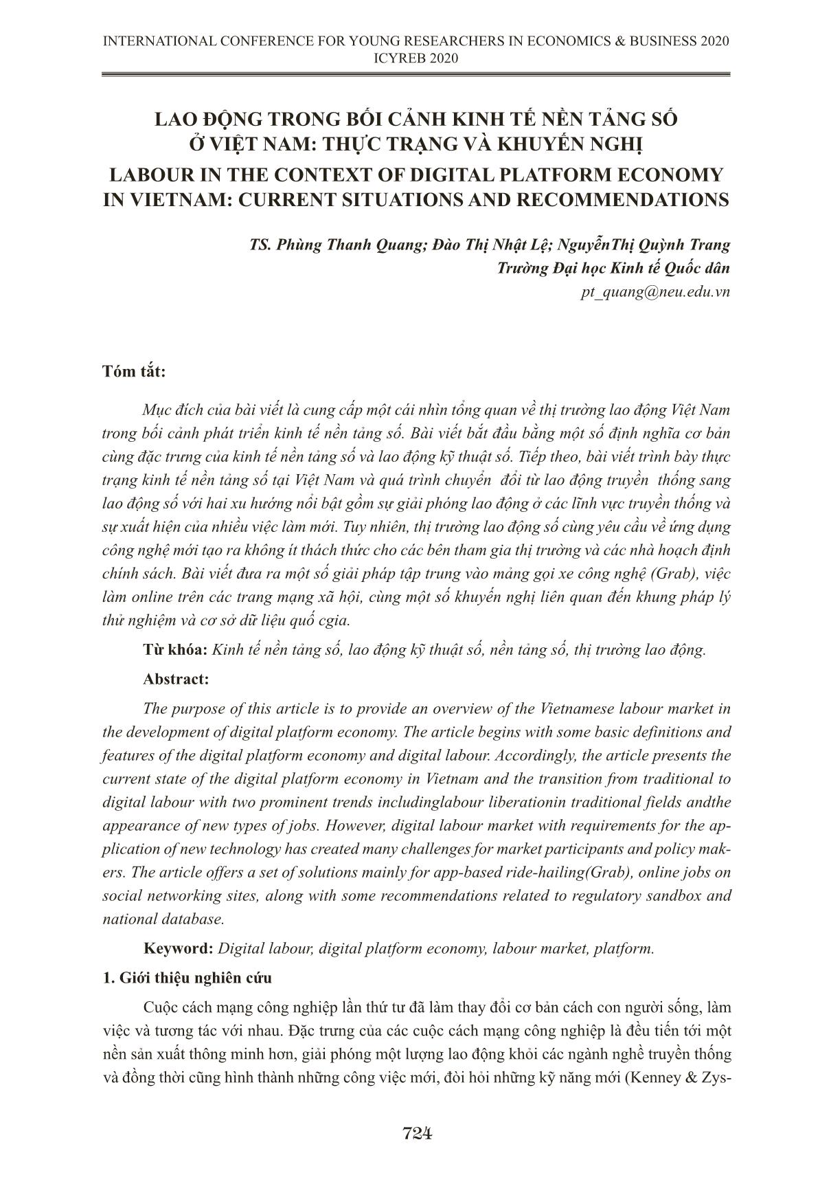 Lao động trong bối cảnh kinh tế nền tảng số ở Việt Nam: Thực trạng và khuyến nghị trang 1
