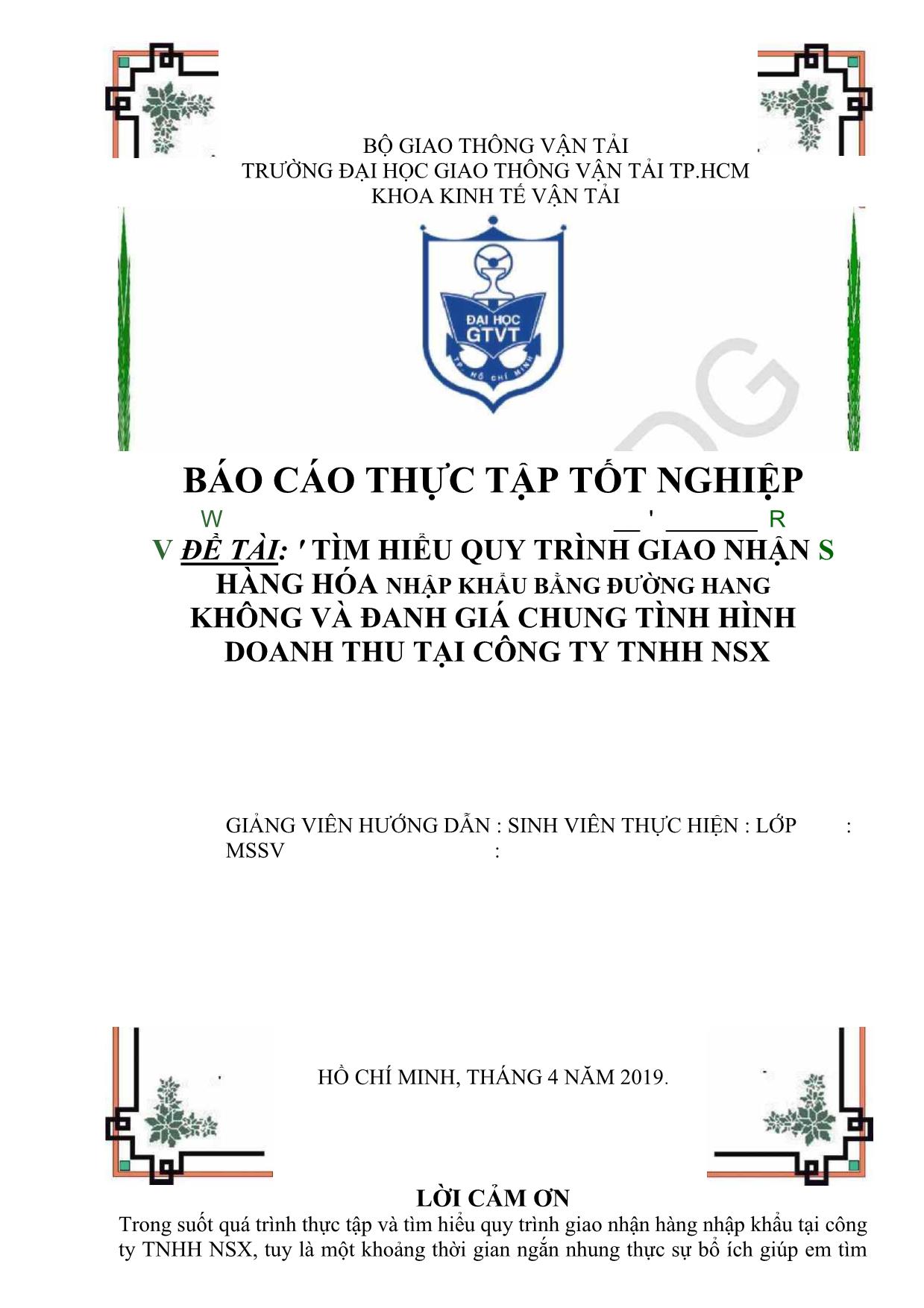 Đề tài Tìm hiểu quy trình giao nhập hàng hóa nhập khẩu bằng đường hàng không và đánh giá chung tình hình doanh thu tại công ty TNHH NSX trang 1