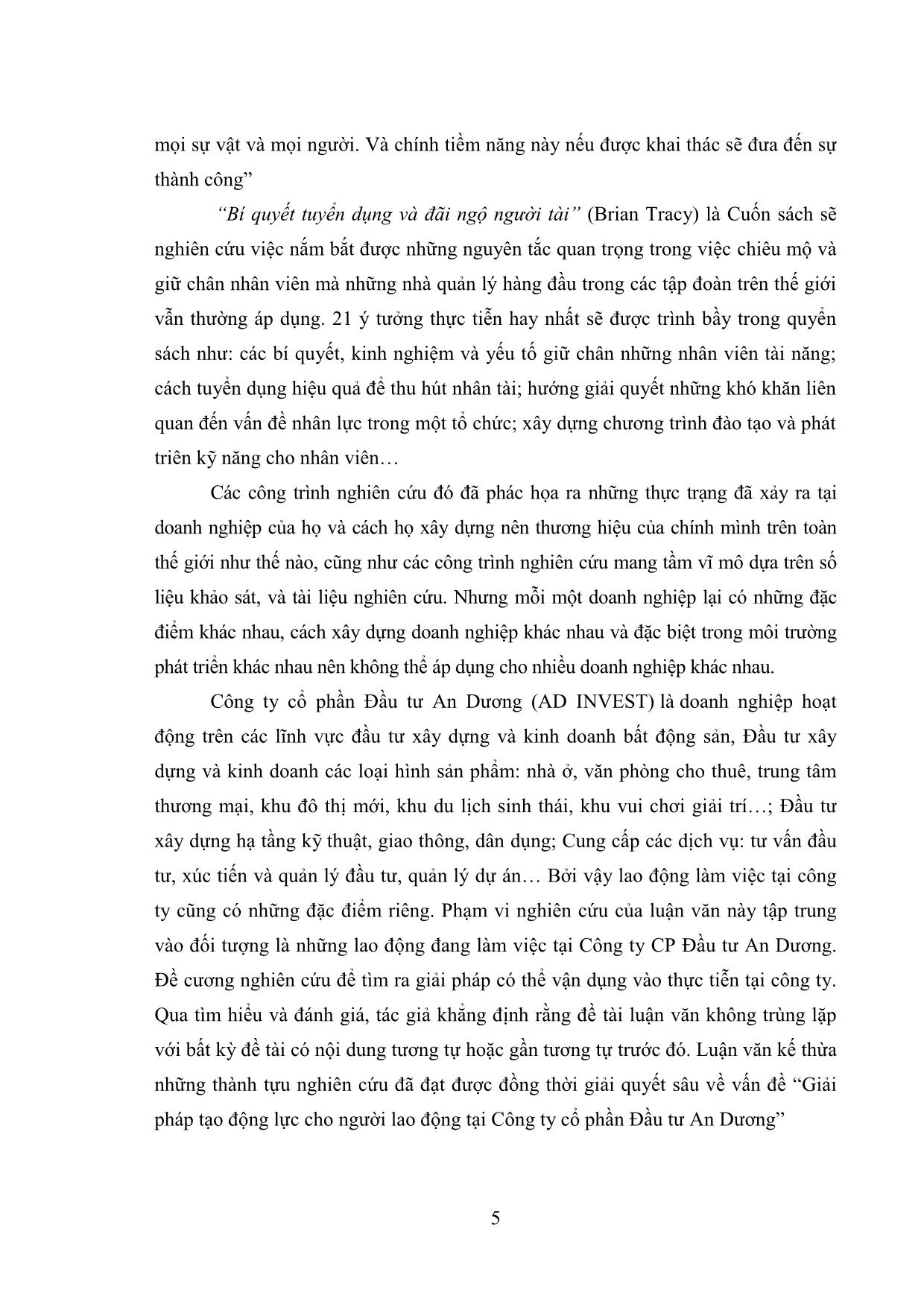 Tóm tắt luận văn Giải pháp tạo động lực cho người lao động tại công ty Cổ phần đầu tư An Dương trang 10