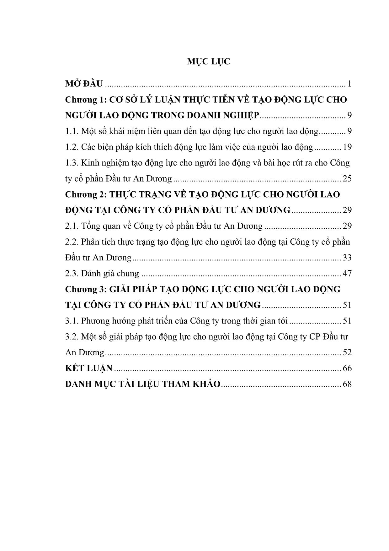 Tóm tắt luận văn Giải pháp tạo động lực cho người lao động tại công ty Cổ phần đầu tư An Dương trang 3