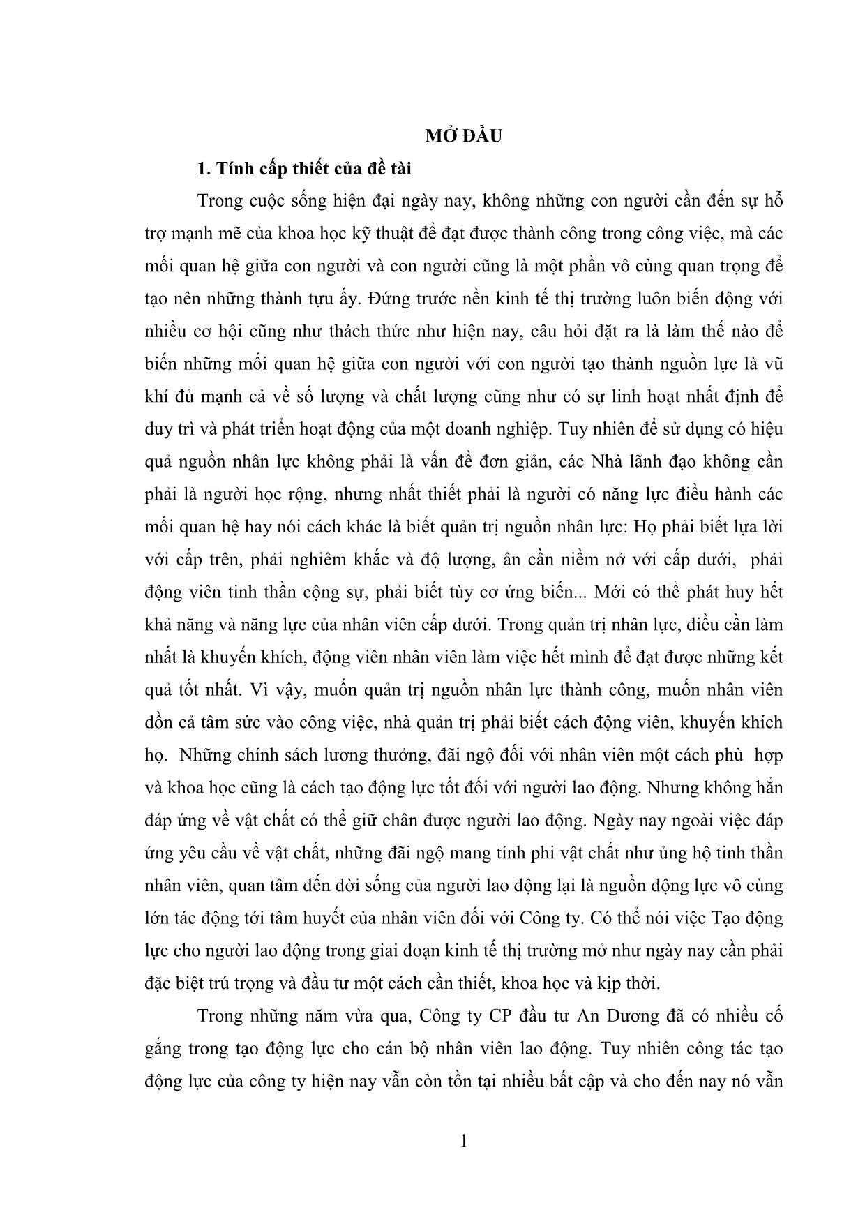 Tóm tắt luận văn Giải pháp tạo động lực cho người lao động tại công ty Cổ phần đầu tư An Dương trang 6
